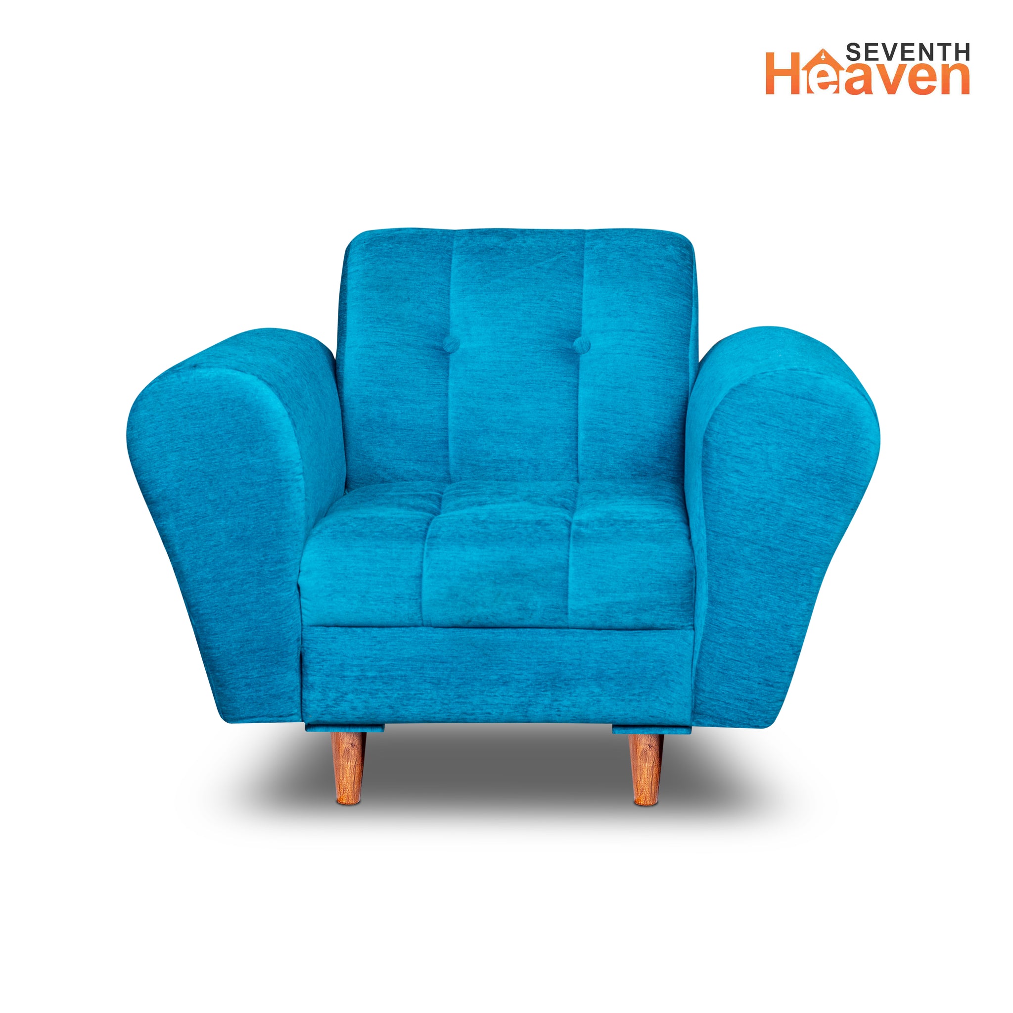 Seventh Heaven Milan 1 Seater Wooden Sofa Set Modern & Elegant Smart Furniture Range for luxurious homes, living rooms and offices. Sky Blue Colour Molphino fabric with sheesham polished wooden legs.