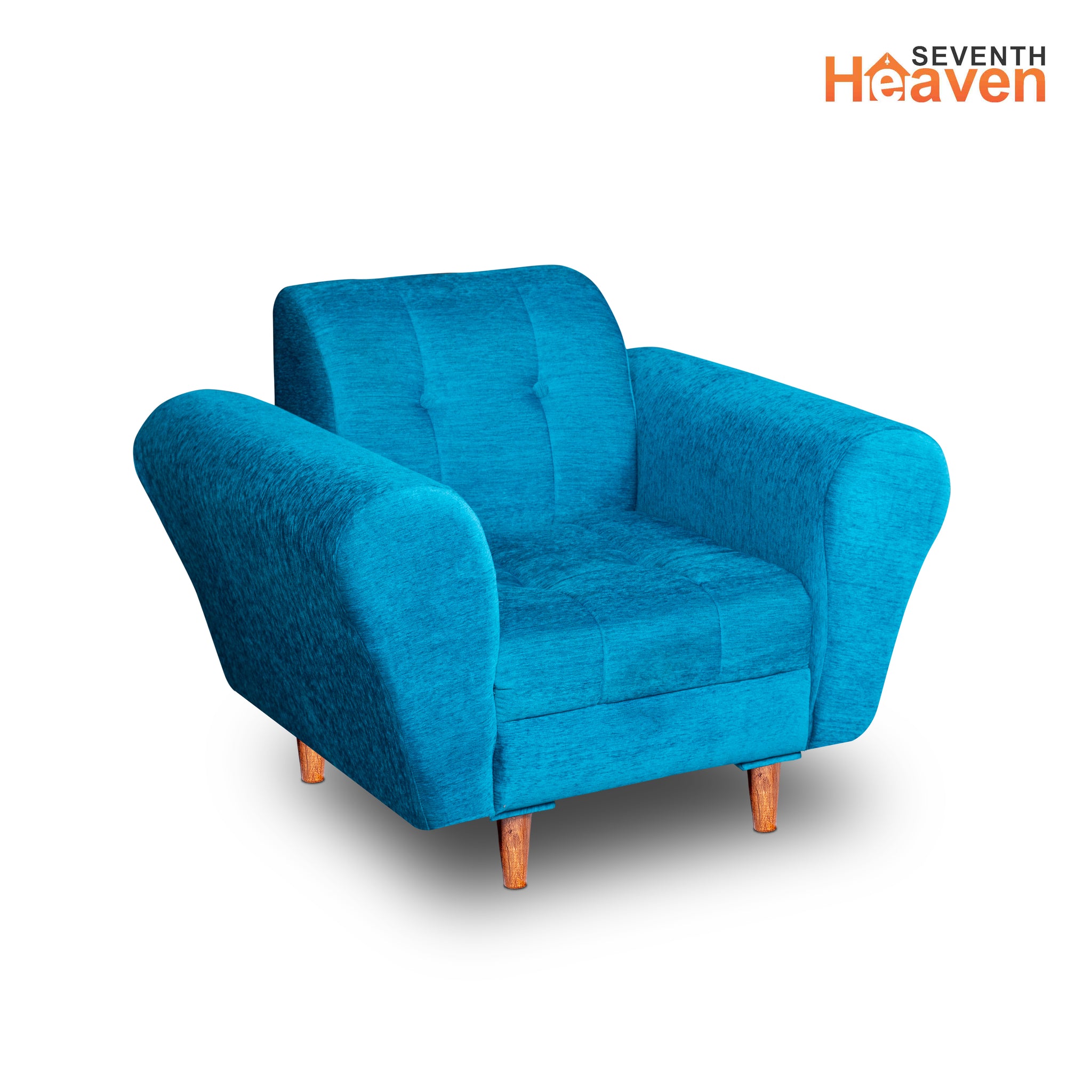 Seventh Heaven Milan 1 Seater Wooden Sofa Set Modern & Elegant Smart Furniture Range for luxurious homes, living rooms and offices. Sky Blue Colour Molphino fabric with sheesham polished wooden legs.