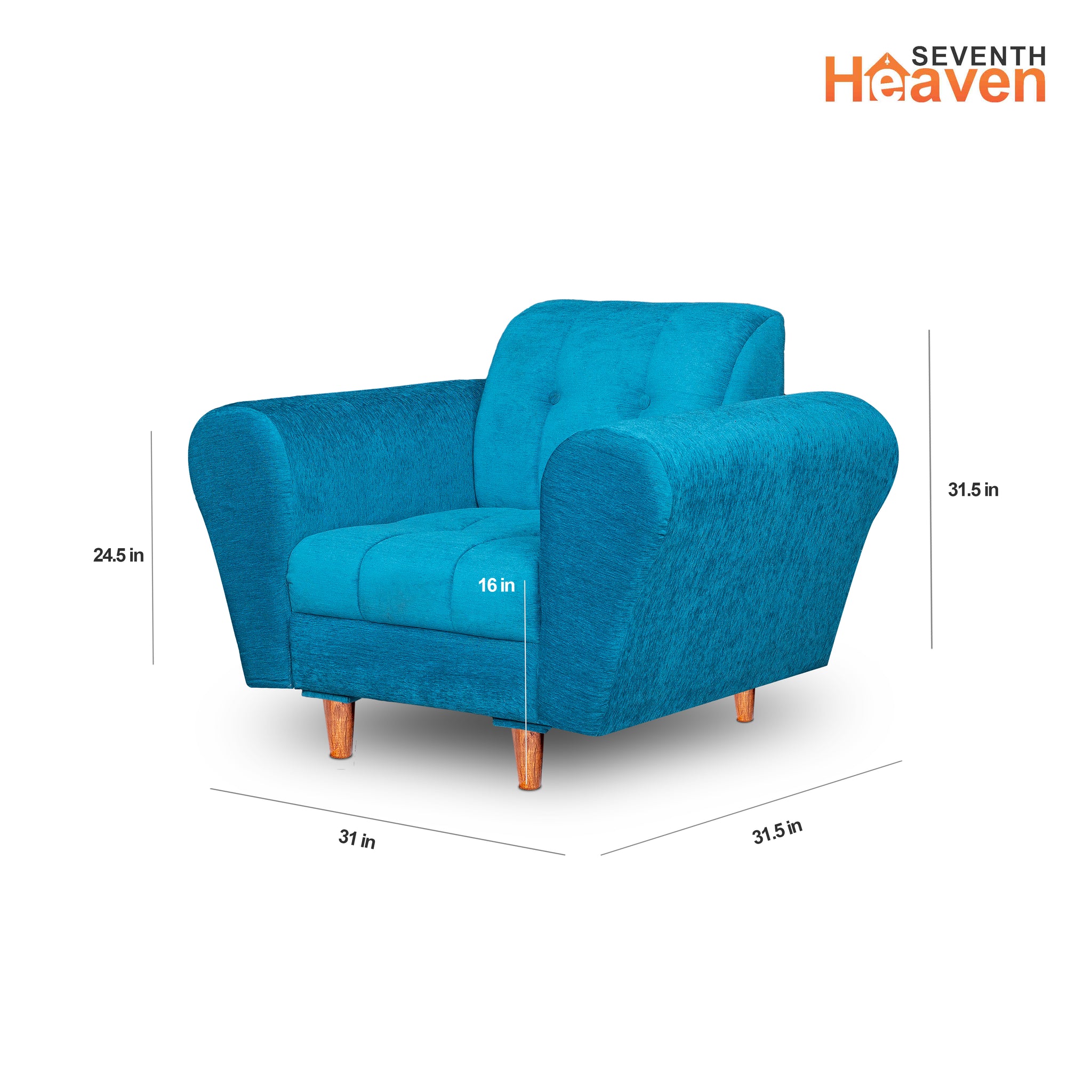 Seventh Heaven Milan 1 Seater Wooden Sofa Set Modern & Elegant Smart Furniture Range for luxurious homes, living rooms and offices. Sky Blue Colour Molphino fabric with sheesham polished wooden legs. Product dimensions are also mentioned.