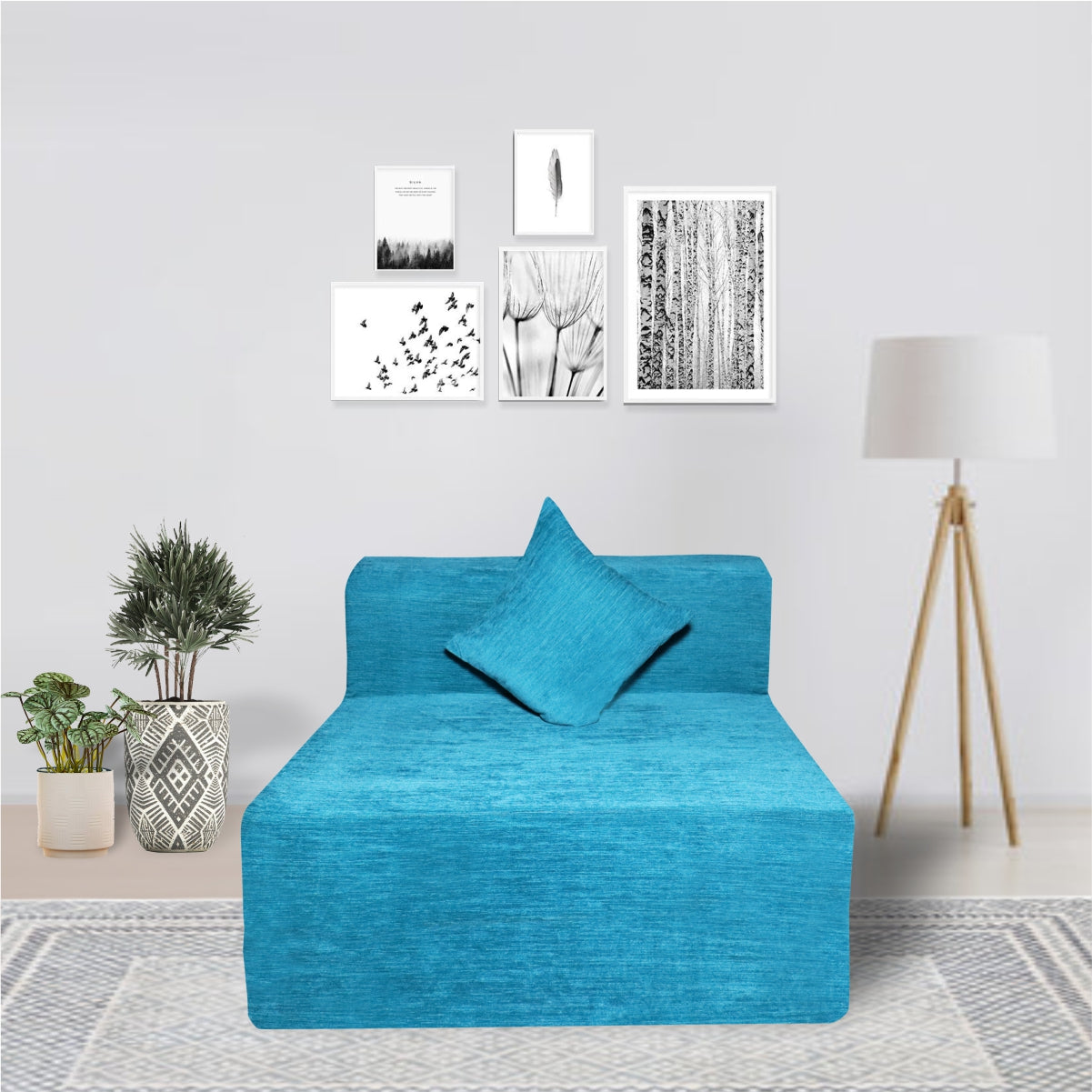 Sky Blue Chenille Molfino Fabric 6×2.5 Sofa cum Bed with 1 Cushion