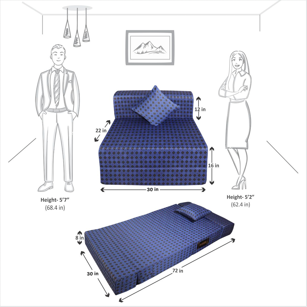 Blue& Black Chenille Molfino Fabric 6×2.5 Sofa cum Bed with 1 Cushion