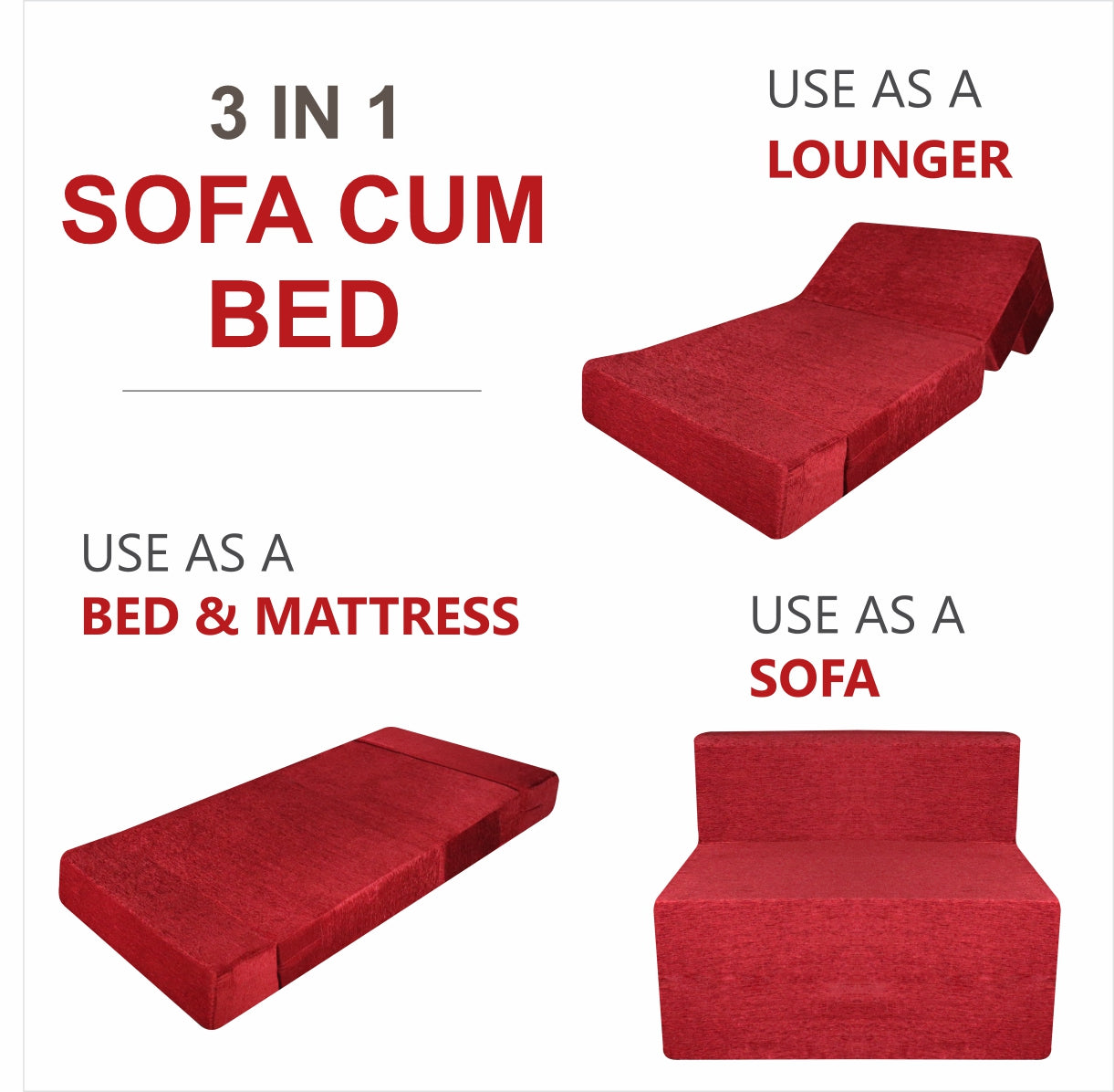 Red & Black Molfino Fabric 6'×3' Sofa cum Bed with 1 Cushion