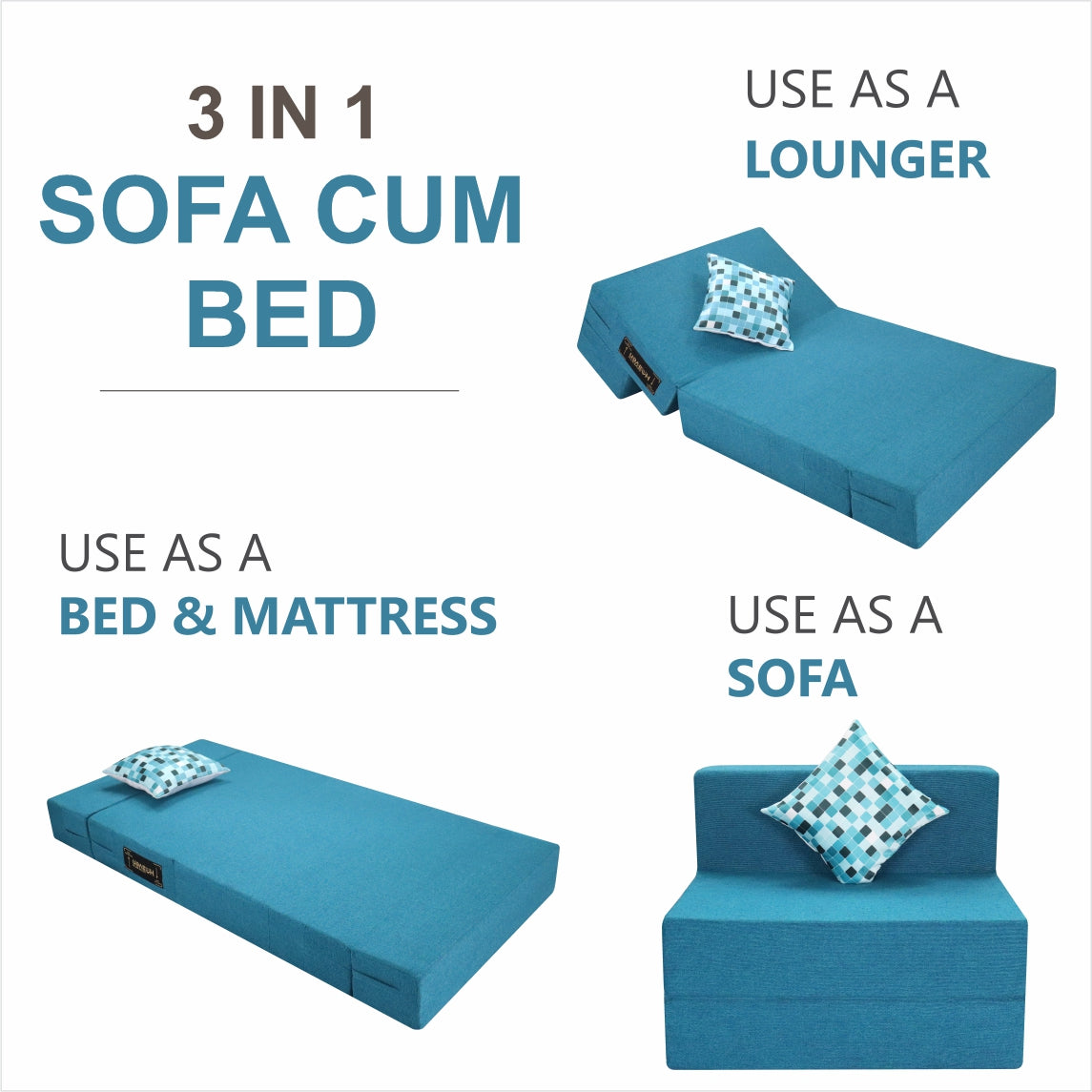 Sky Blue Jute Fabric 6'×3' Sofa cum Bed with 1 Printed Cushion