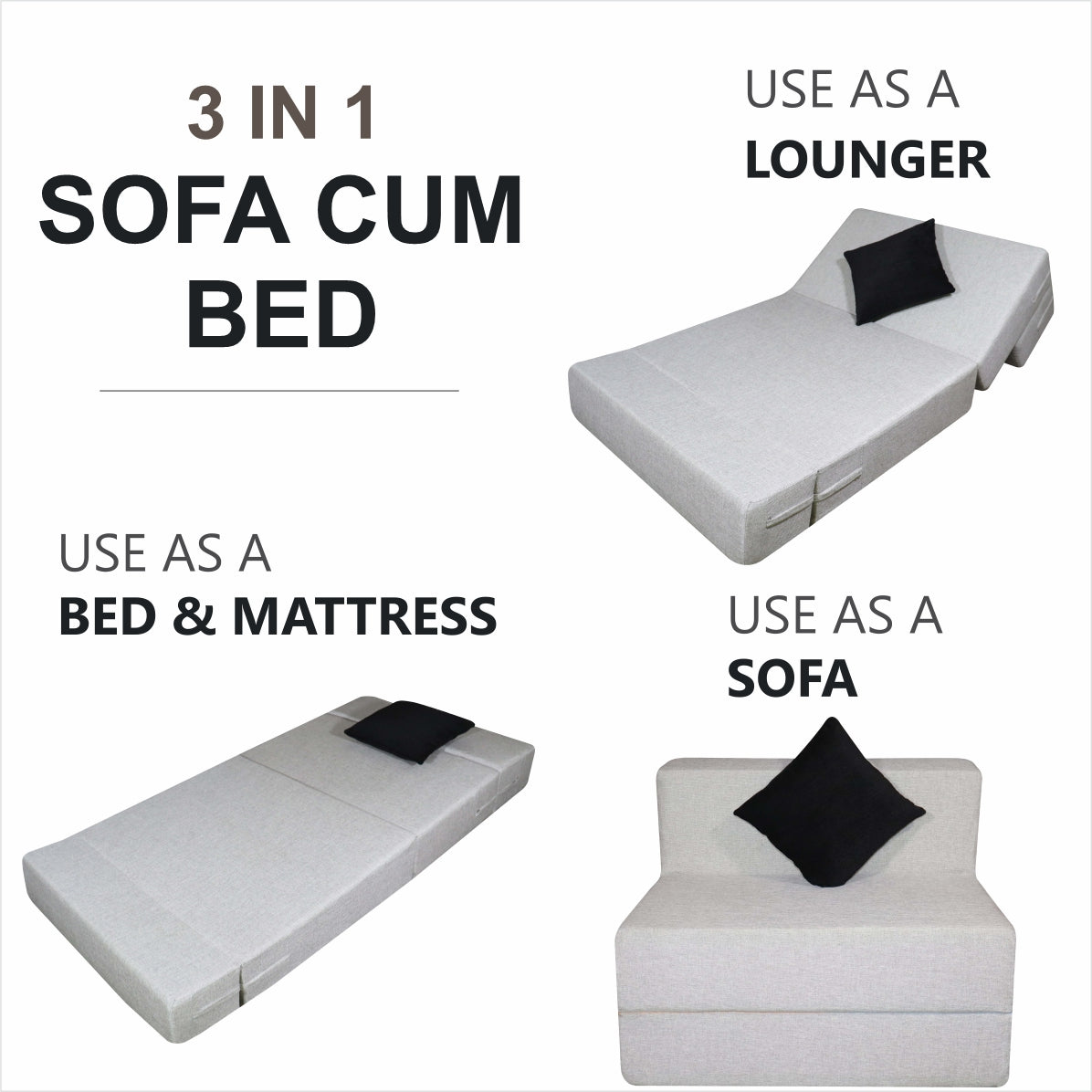 Light Grey Jute Fabric 6'×3' Sofa cum Bed with 1 Cushion
