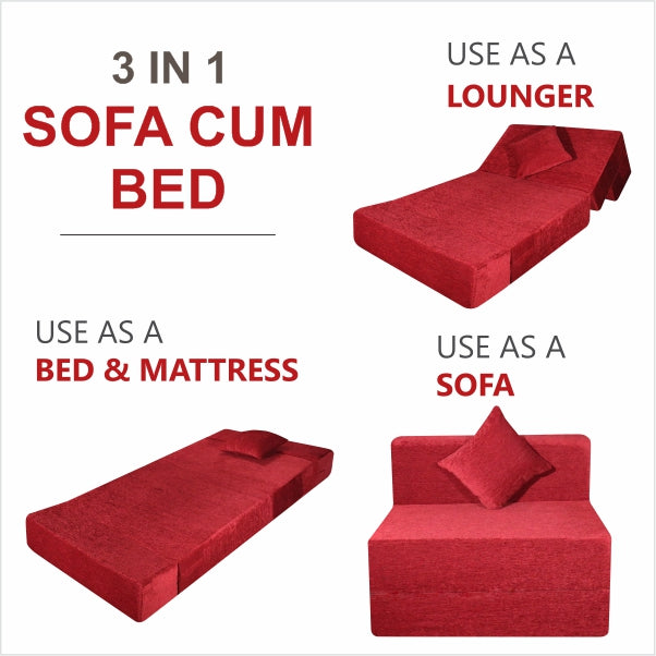 Maroon Molfino Fabric 6'×3' Sofa cum Bed with 1 Cushion