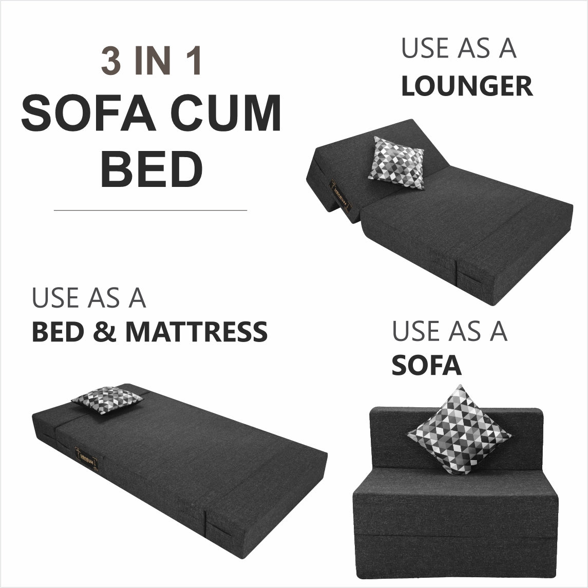 Grey Jute Fabric 6×3 Sofa cum Bed with Printed Cushion