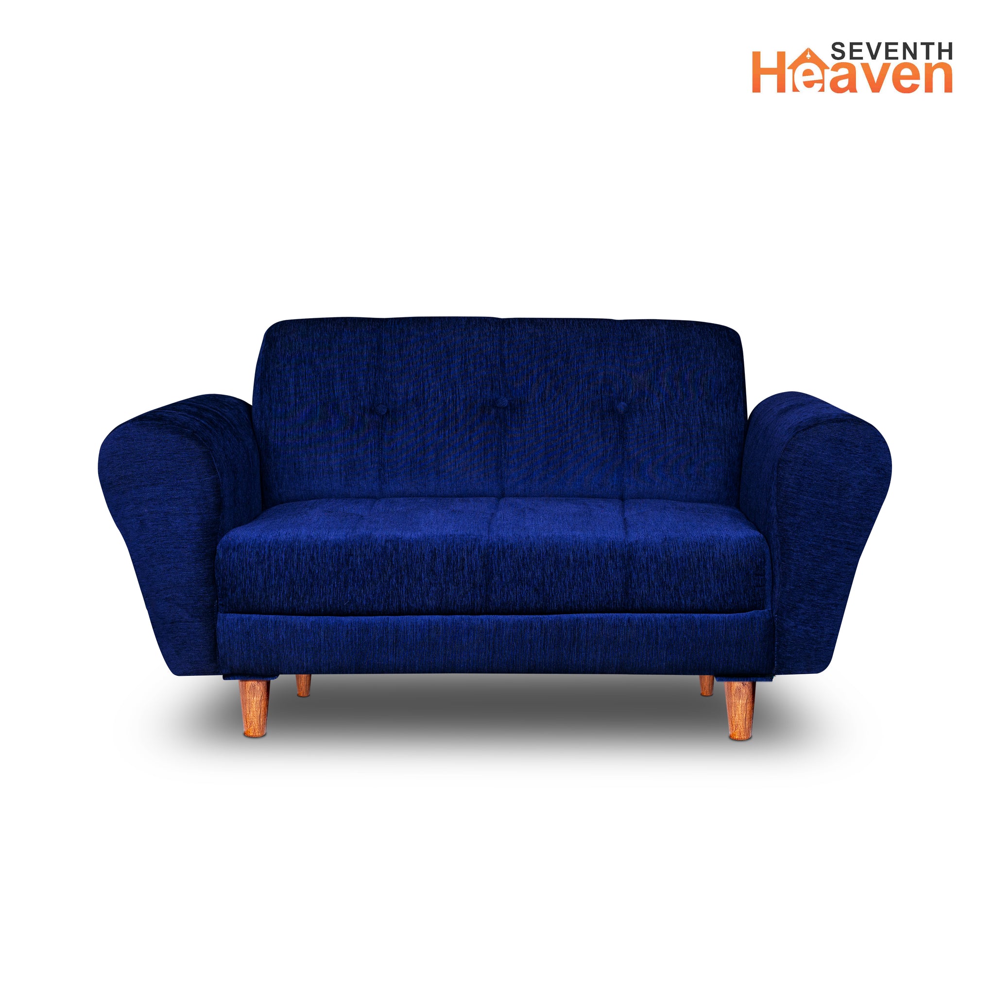 Seventh Heaven Milan 2 Seater Wooden Sofa Set Modern & Elegant Smart Furniture Range for luxurious homes, living rooms and offices. Blue Colour Molphino fabric with sheesham polished wooden legs.