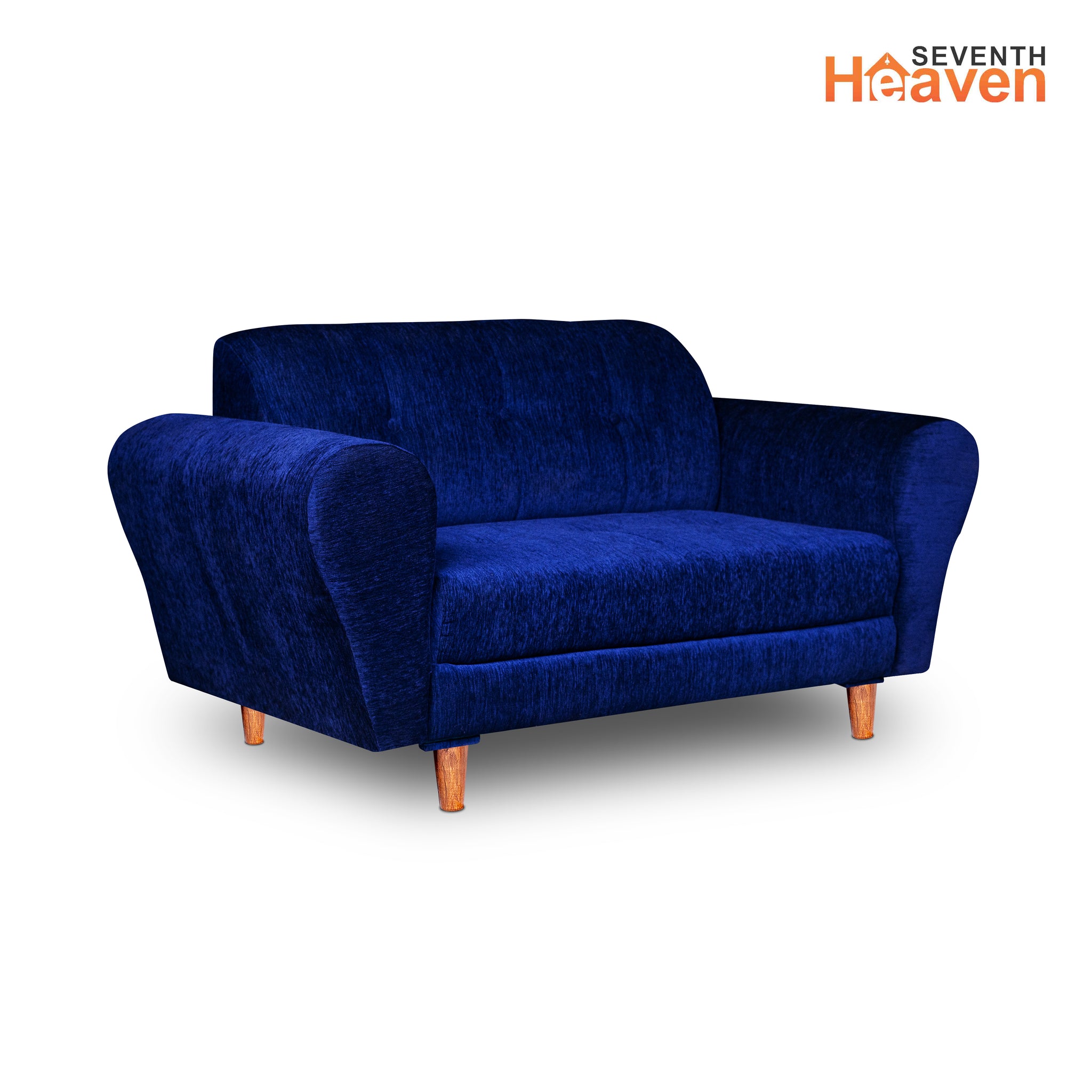 Seventh Heaven Milan 2 Seater Wooden Sofa Set Modern & Elegant Smart Furniture Range for luxurious homes, living rooms and offices. Blue Colour Molphino fabric with sheesham polished wooden legs.