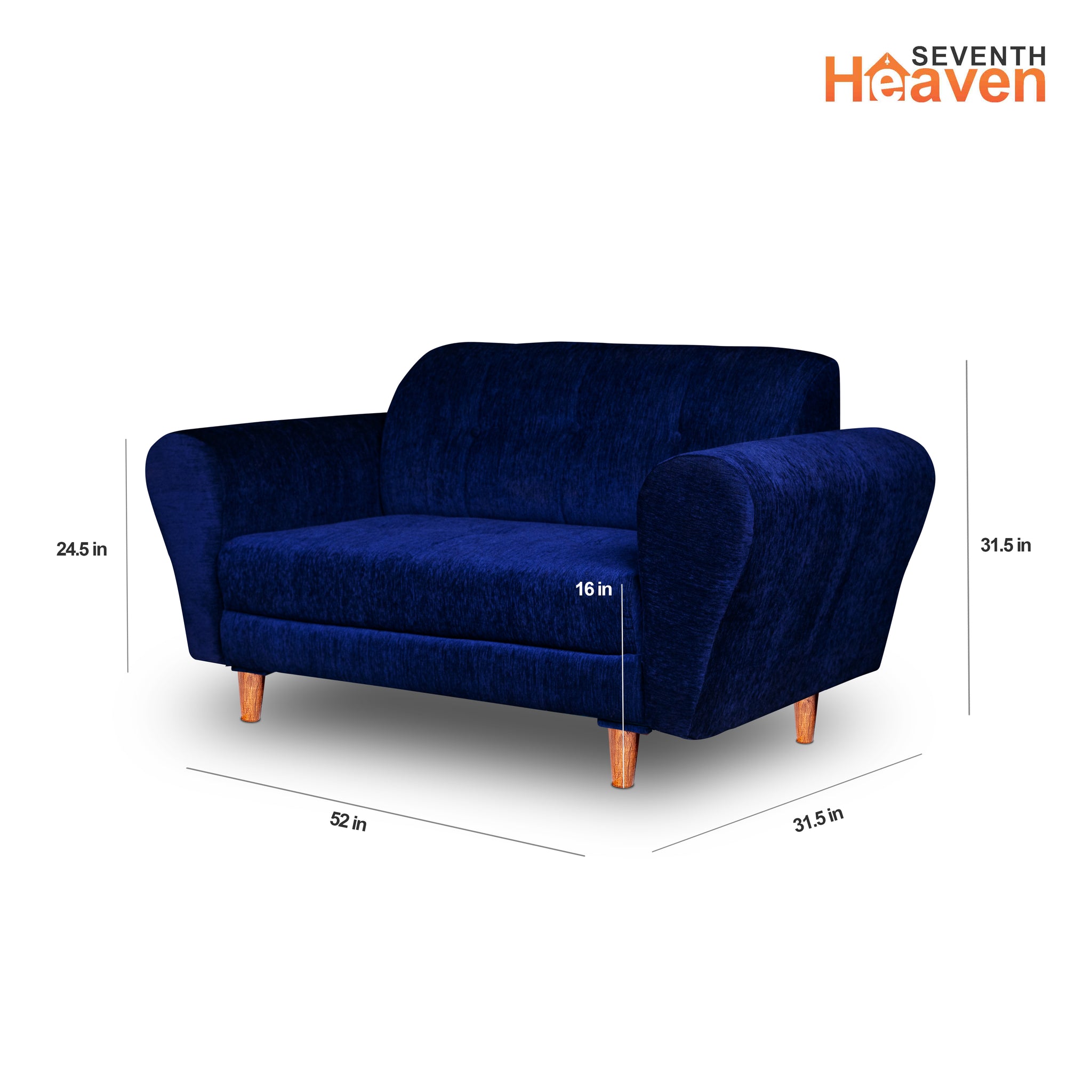 Seventh Heaven Milan 2 Seater Wooden Sofa Set Modern & Elegant Smart Furniture Range for luxurious homes, living rooms and offices. Blue Colour Molphino fabric with sheesham polished wooden legs. Product dimensions are also mentioned.