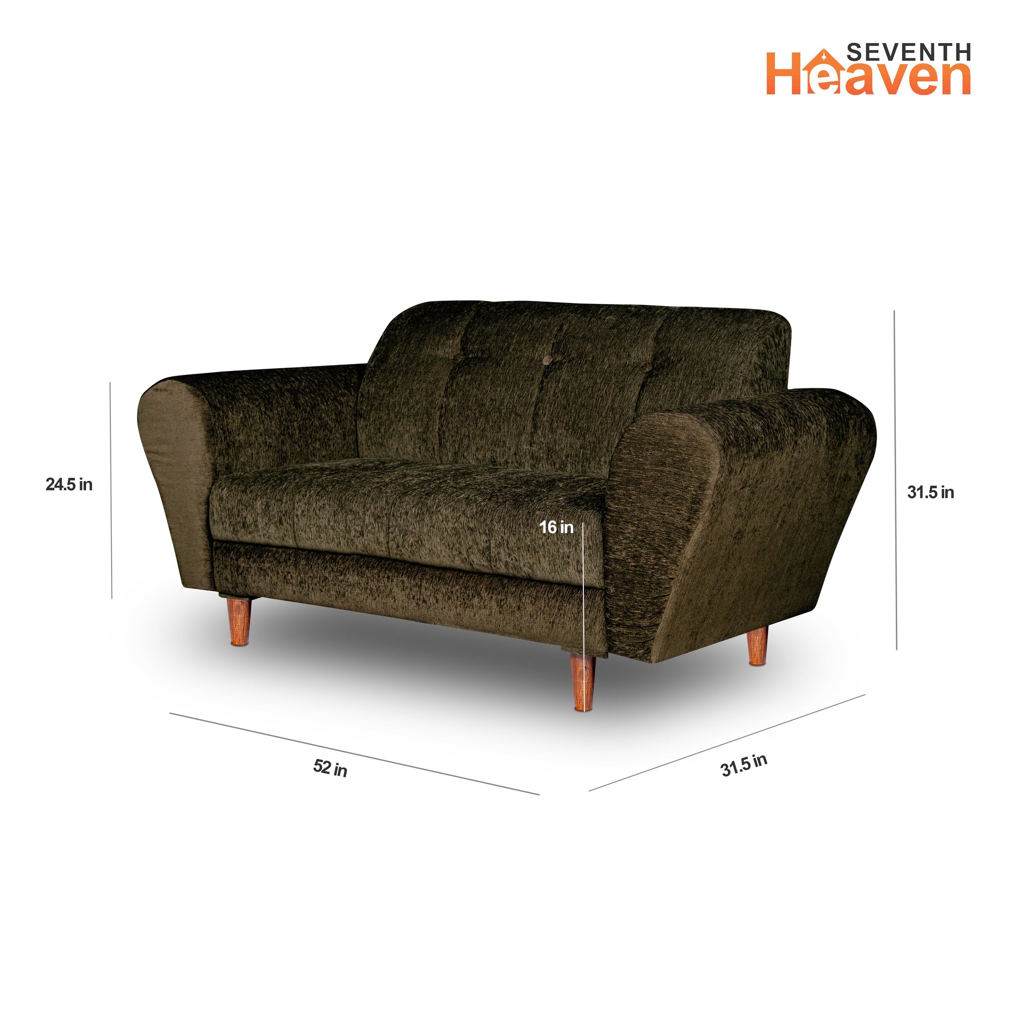 Seventh Heaven Milan 2 Seater Wooden Sofa Set Modern & Elegant Smart Furniture Range for luxurious homes, living rooms and offices. Green Colour Molphino fabric with sheesham polished wooden legs.Product dimensions are also mentioned.