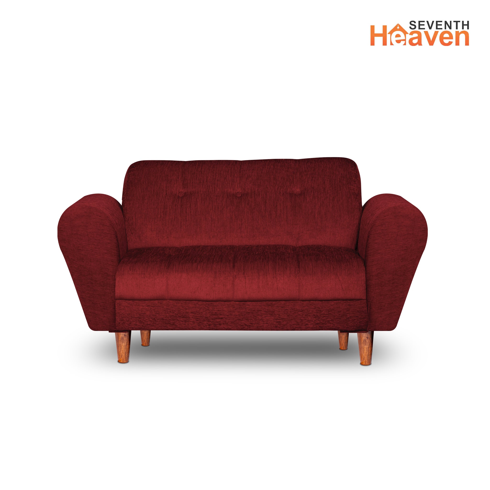 Seventh Heaven Milan 2 Seater Wooden Sofa Set Modern & Elegant Smart Furniture Range for luxurious homes, living rooms and offices. Maroon Colour Molphino fabric with sheesham polished wooden legs.