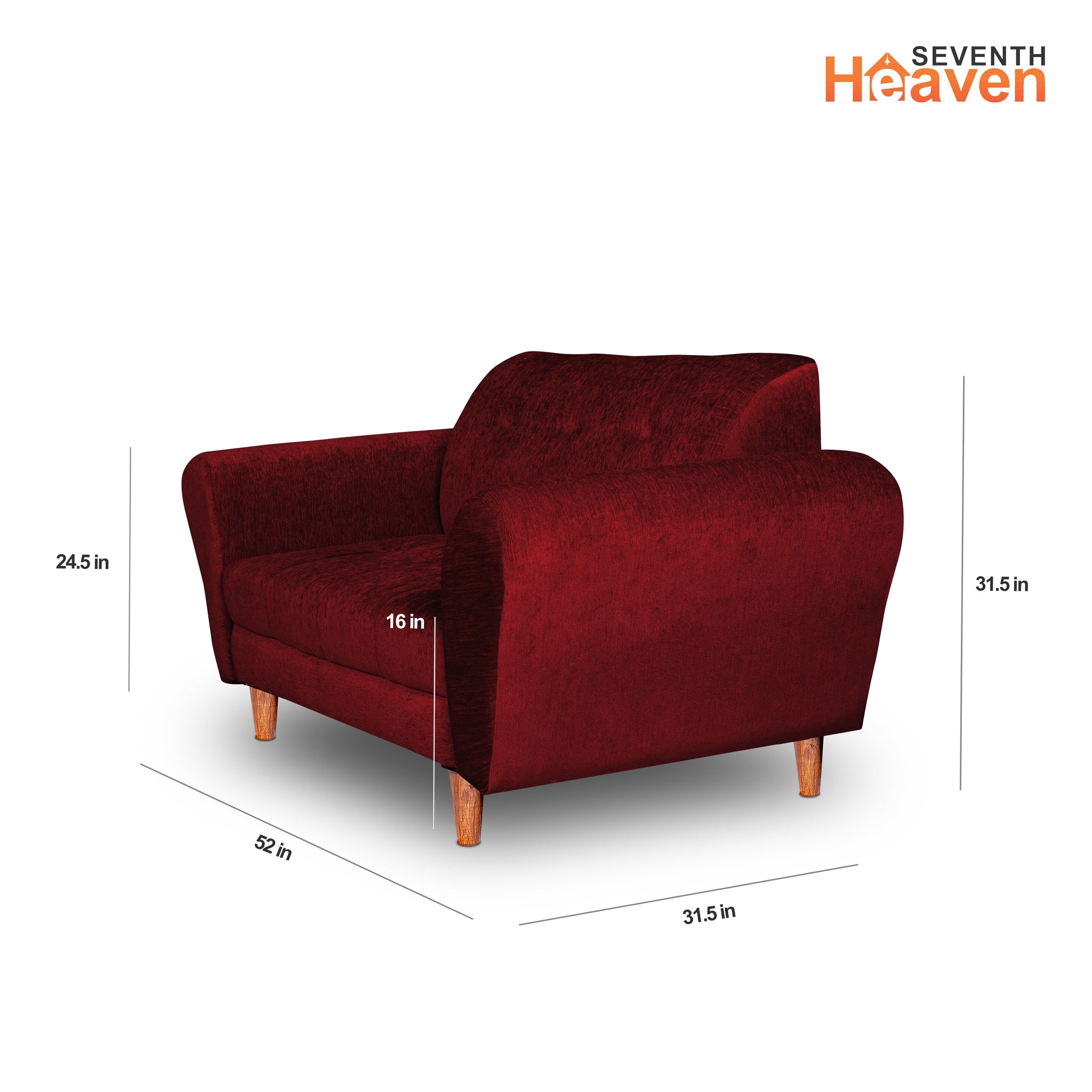 Seventh Heaven Milan 2 Seater Wooden Sofa Set Modern & Elegant Smart Furniture Range for luxurious homes, living rooms and offices. Maroon Colour Molphino fabric with sheesham polished wooden legs. Product dimensions are also mentioned.