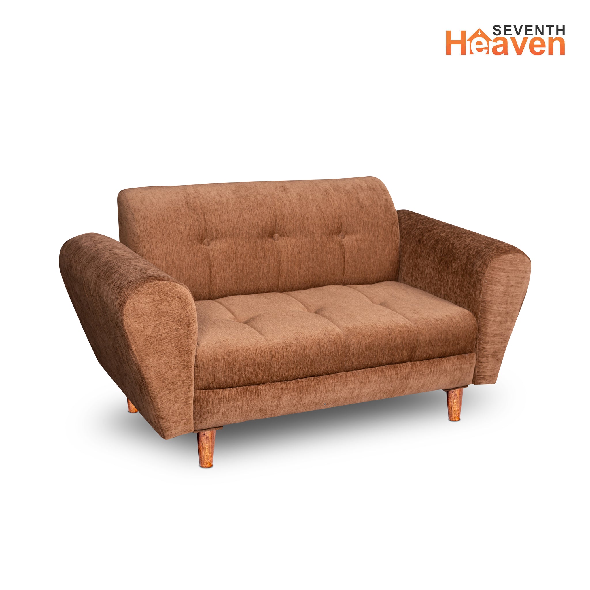 Seventh Heaven Milan 2 Seater Wooden Sofa Set Modern & Elegant Smart Furniture Range for luxurious homes, living rooms and offices. Beige Colour Molphino fabric with sheesham polished wooden legs.
