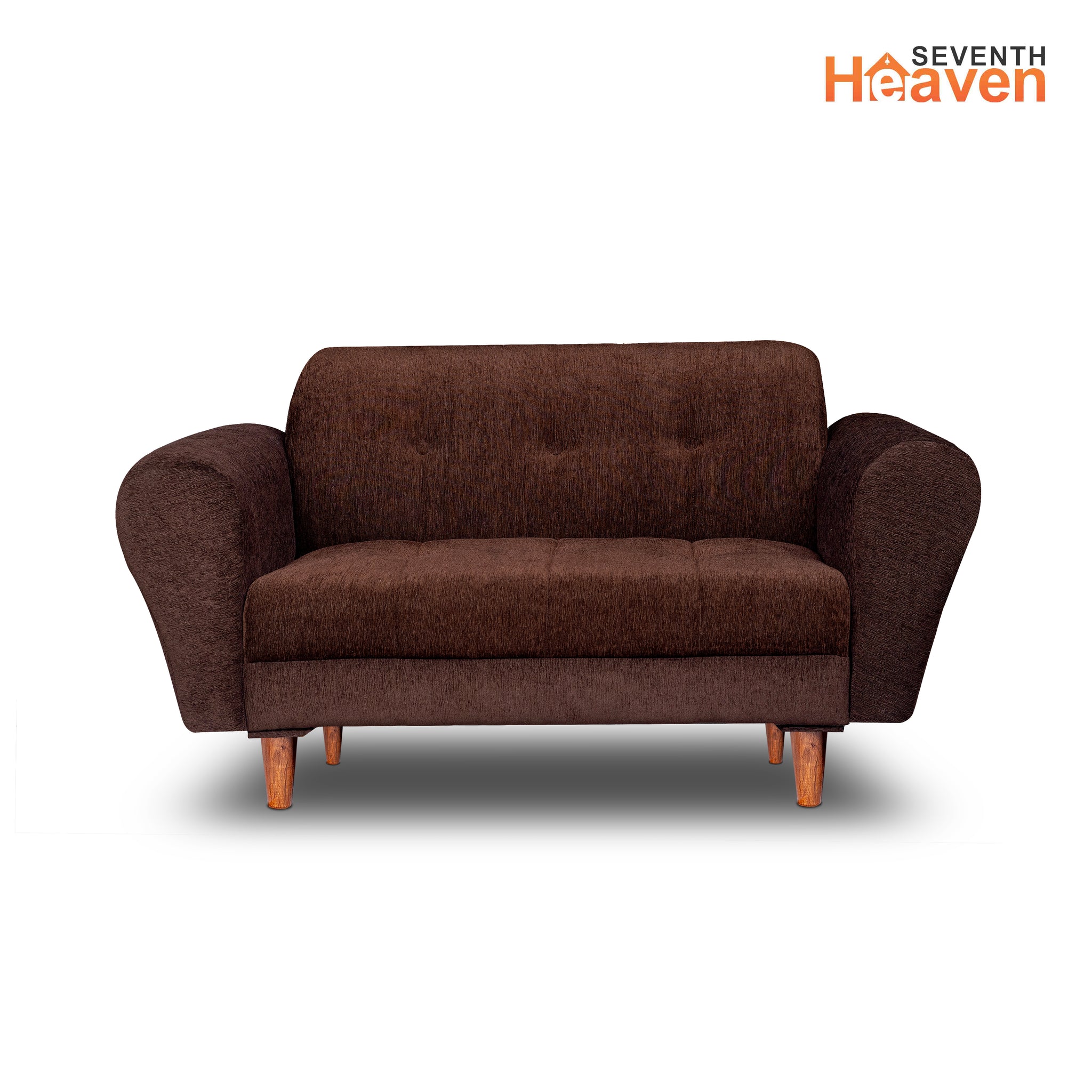 Seventh Heaven Milan 2 Seater Wooden Sofa Set Modern & Elegant Smart Furniture Range for luxurious homes, living rooms and offices. Brown Colour Molphino fabric with sheesham polished wooden legs.