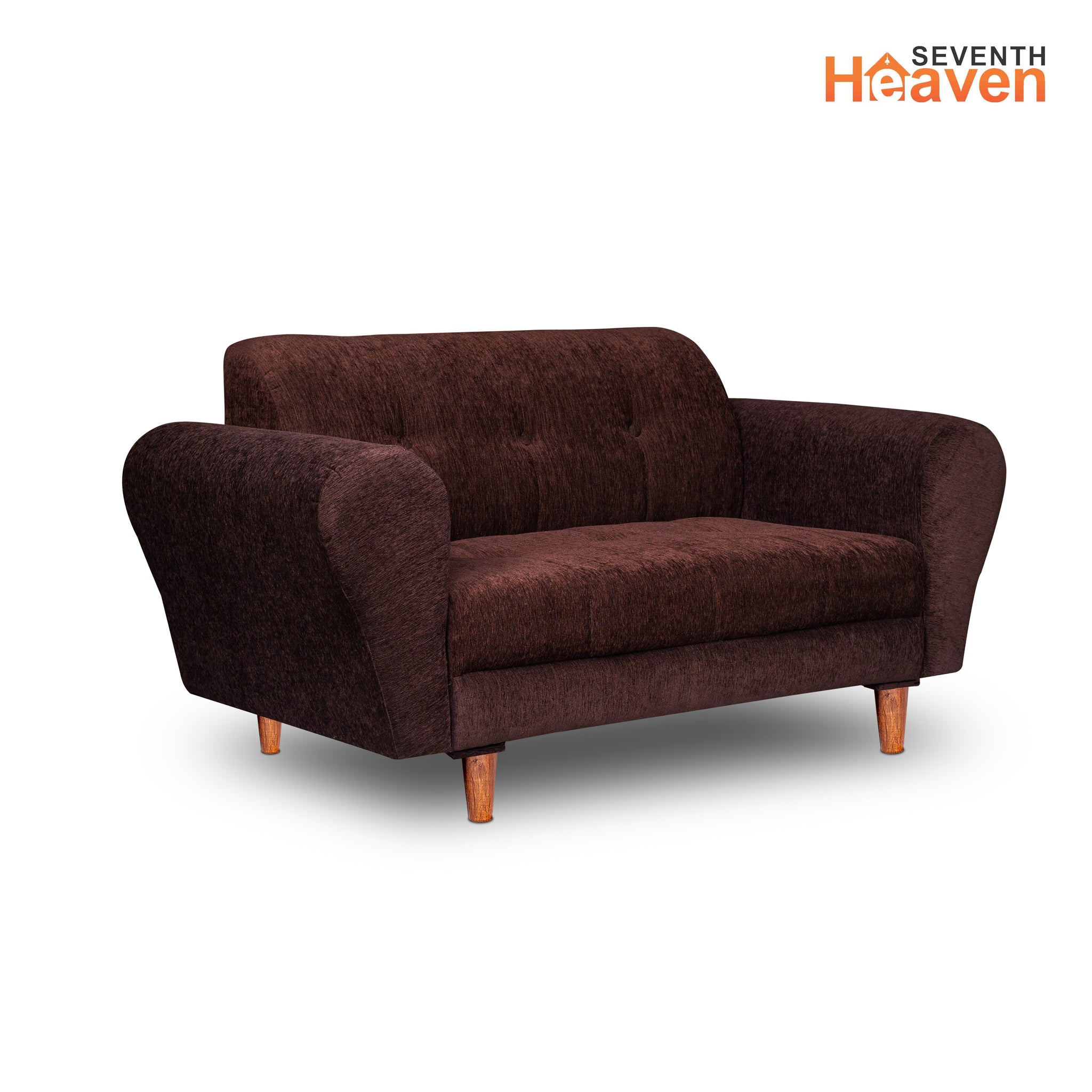 Seventh Heaven Milan 2 Seater Wooden Sofa Set Modern & Elegant Smart Furniture Range for luxurious homes, living rooms and offices. Brown Colour Molphino fabric with sheesham polished wooden legs.