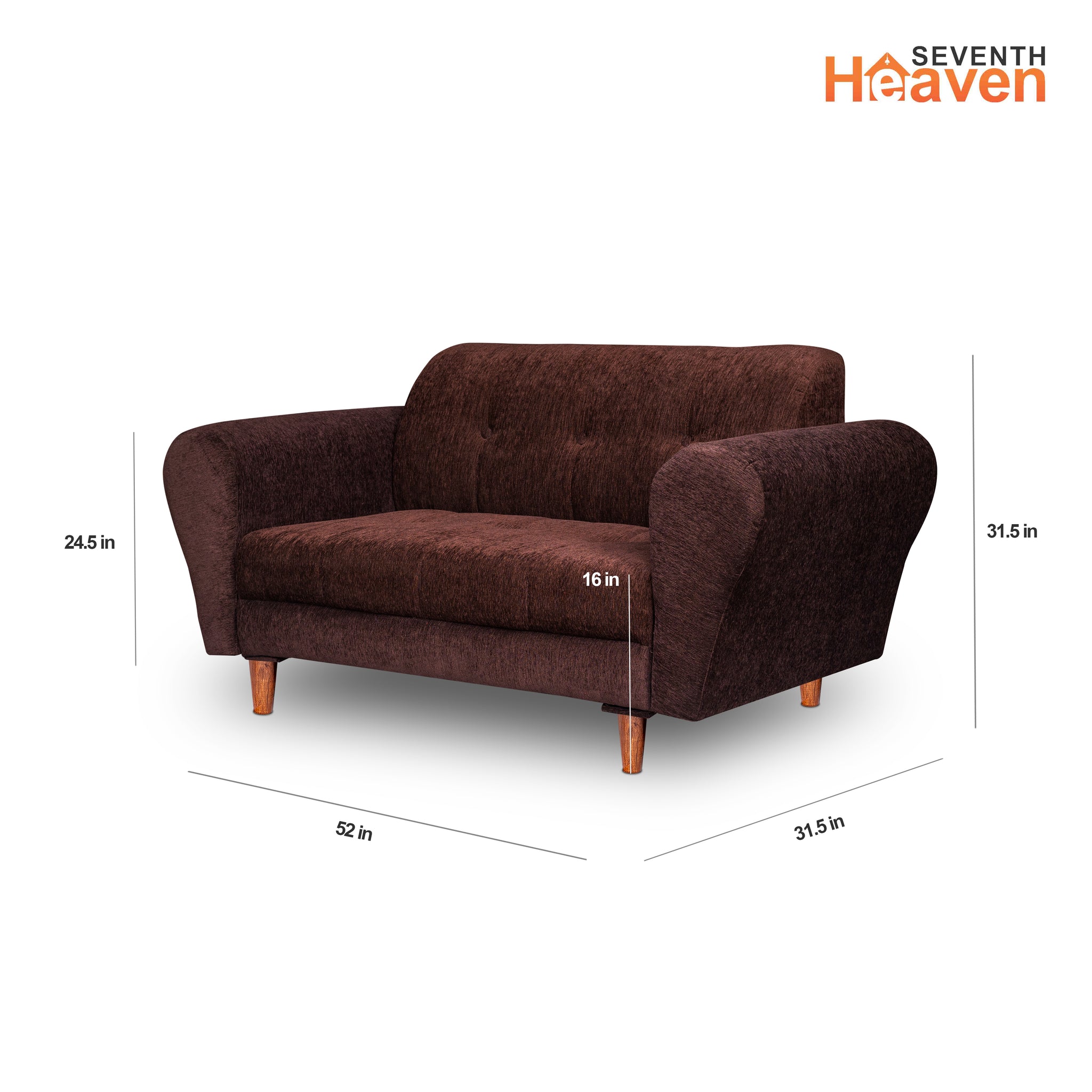 Seventh Heaven Milan 2 Seater Wooden Sofa Set Modern & Elegant Smart Furniture Range for luxurious homes, living rooms and offices. Brown Colour Molphino fabric with sheesham polished wooden legs.Product dimensions are also mentioned.