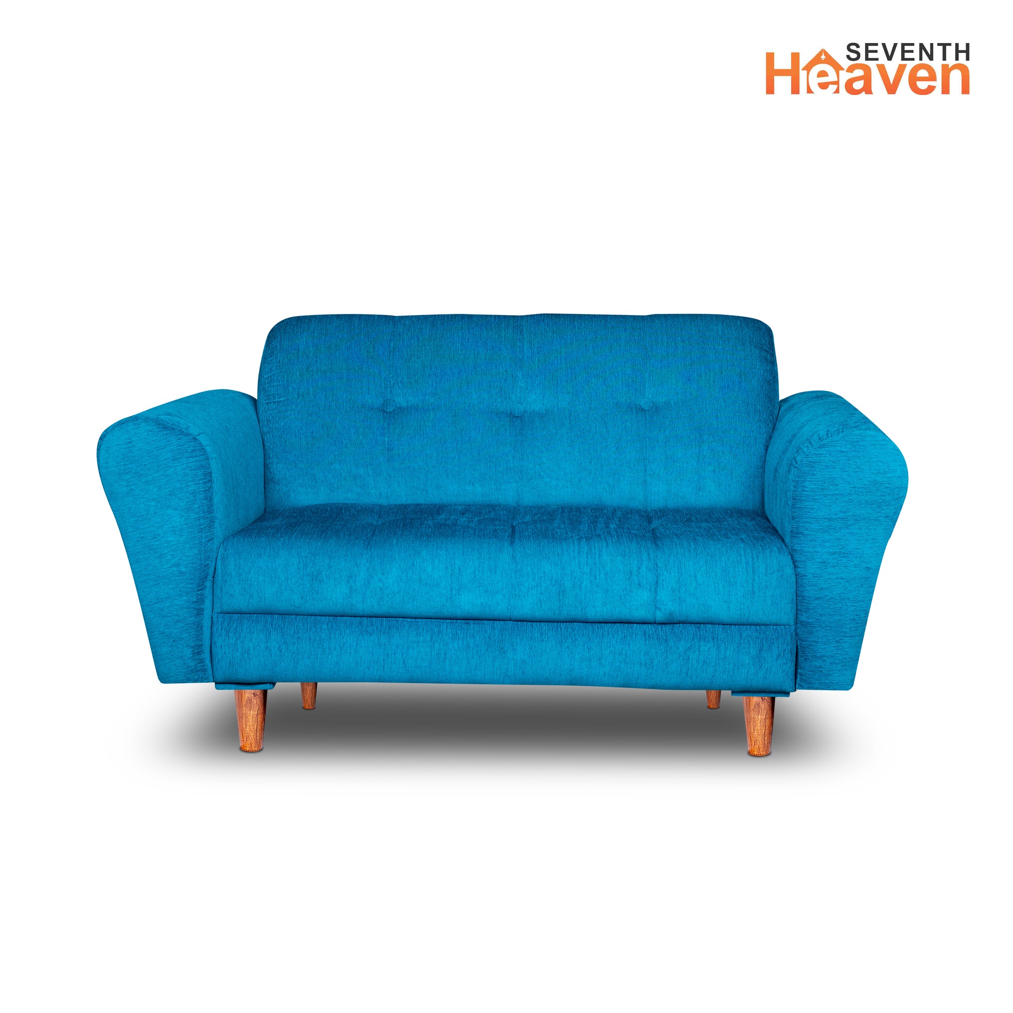 Seventh Heaven Milan 2 Seater Wooden Sofa Set Modern & Elegant Smart Furniture Range for luxurious homes, living rooms and offices. Sky Blue Colour Molphino fabric with sheesham polished wooden legs.