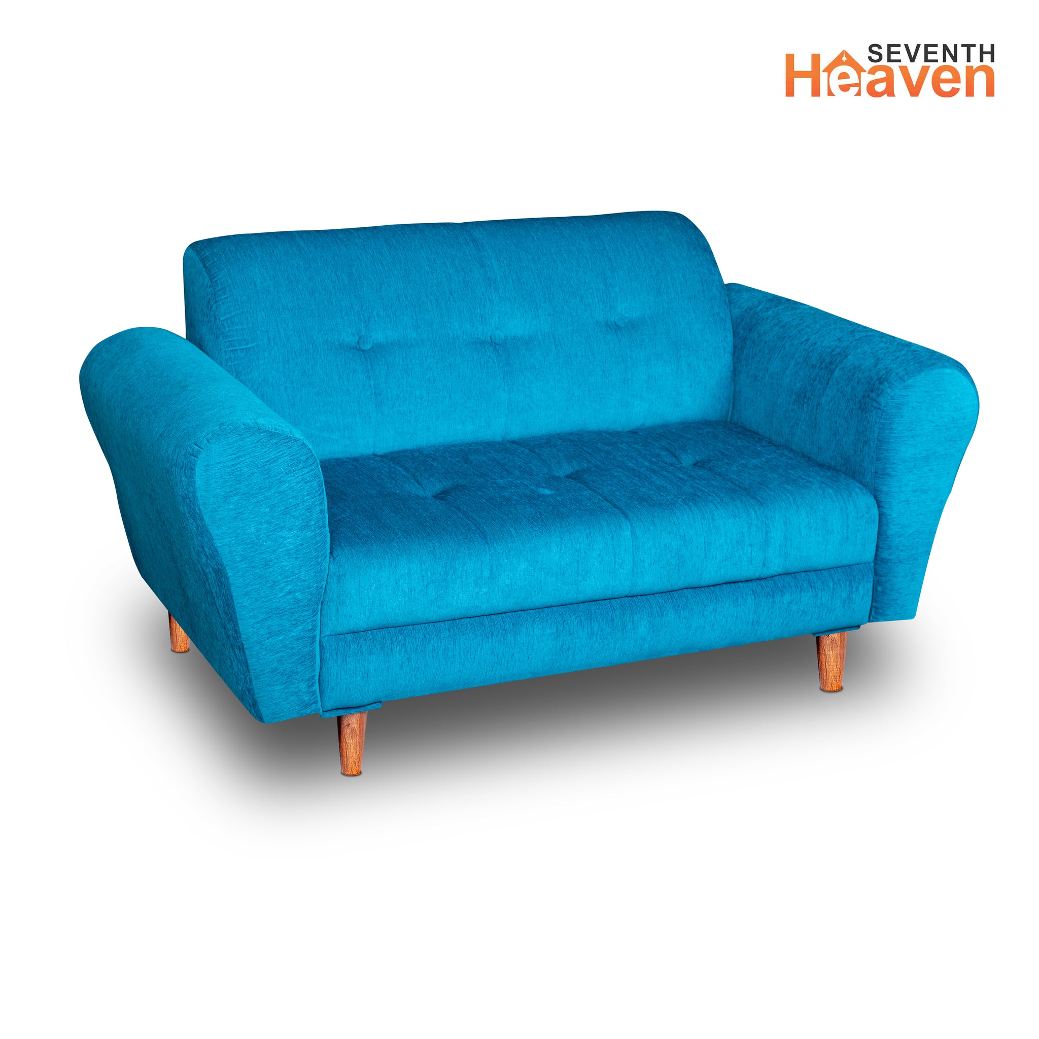 Seventh Heaven Milan 2 Seater Wooden Sofa Set Modern & Elegant Smart Furniture Range for luxurious homes, living rooms and offices. Sky Blue Colour Molphino fabric with sheesham polished wooden legs.
