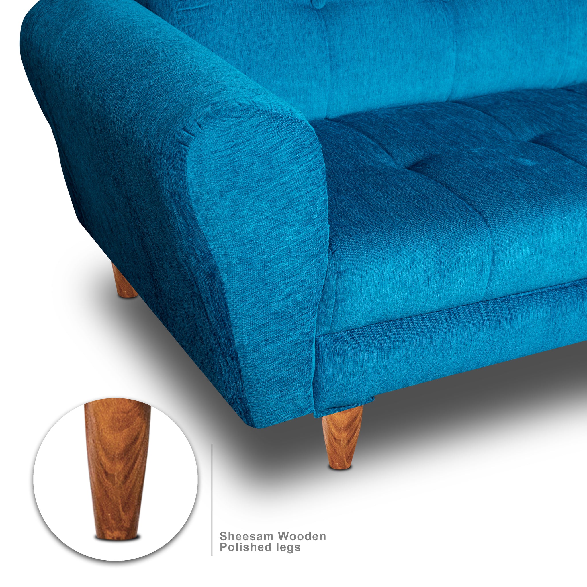 Seventh Heaven Milan 2 Seater Wooden Sofa Set Modern & Elegant Smart Furniture Range for luxurious homes, living rooms and offices. Sky Blue Colour Molphino fabric with sheesham polished wooden legs.