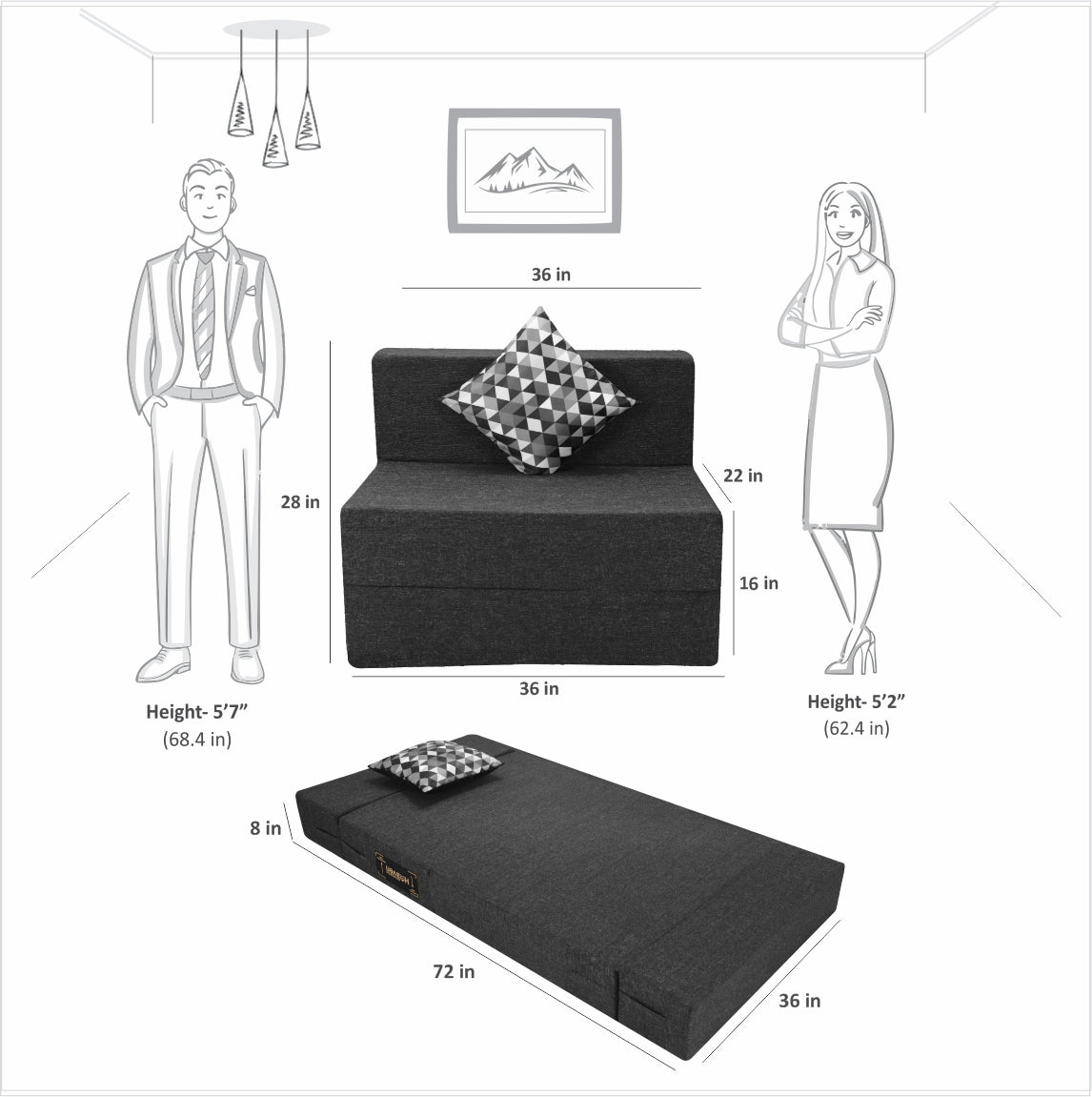 Dark Grey Jute Fabric 6'×3' Sofa cum Bed with 1 Printed Cushion