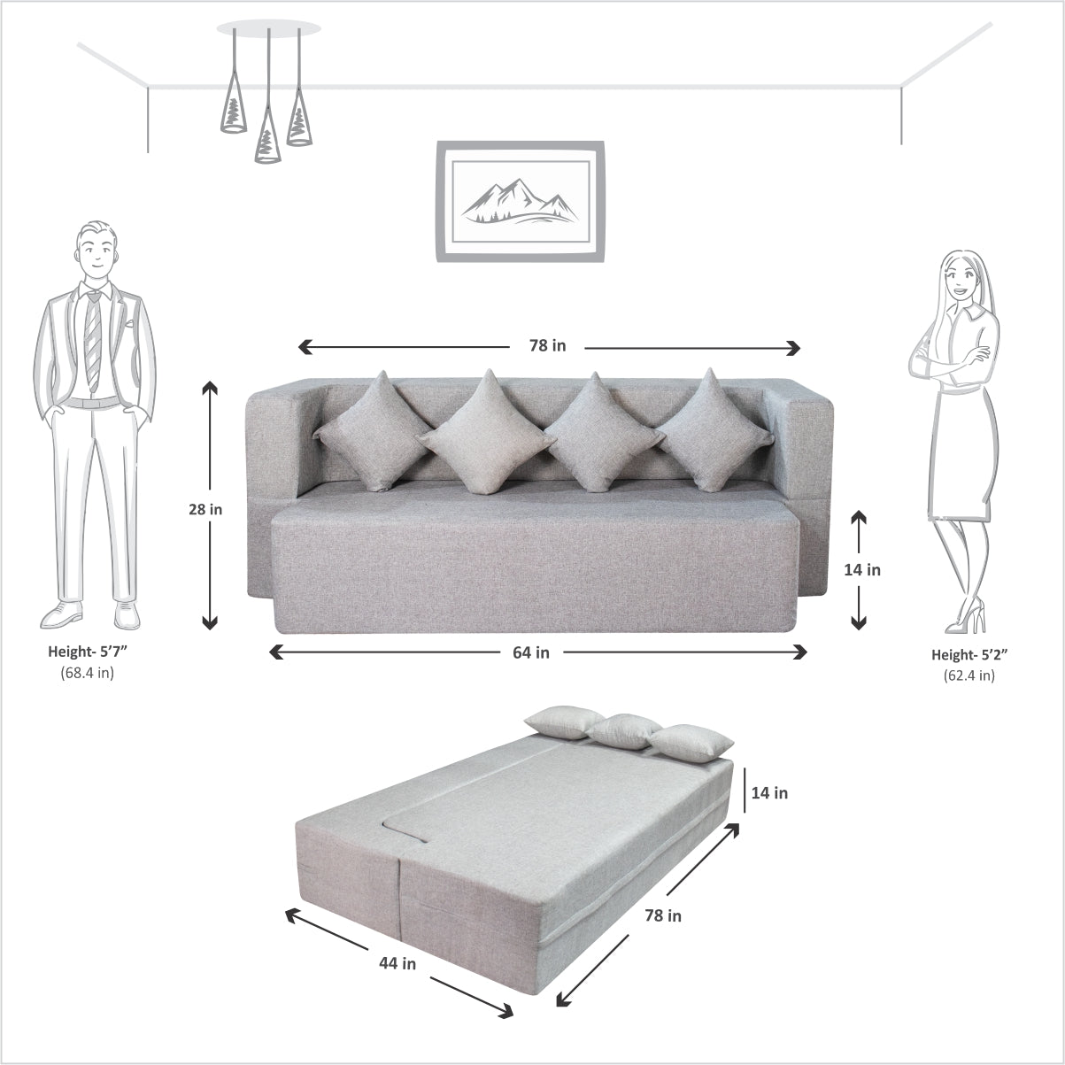 Light Grey Jute Fabric (78"X44"X14") FlipperX Sofa Bed