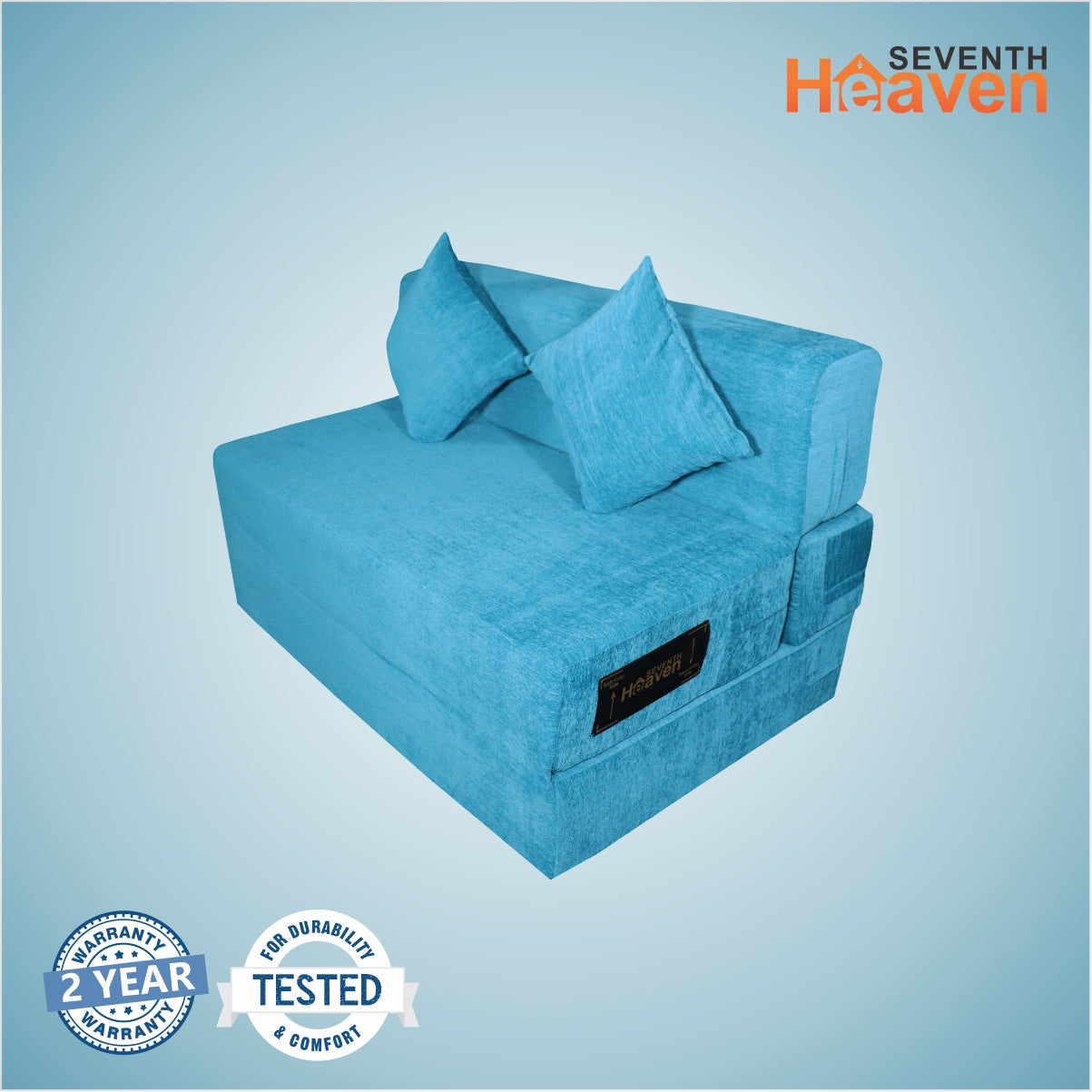 Sky Blue Chenille Molfino Fabric 6×4 Sofa cum Bed with 2 Cushion