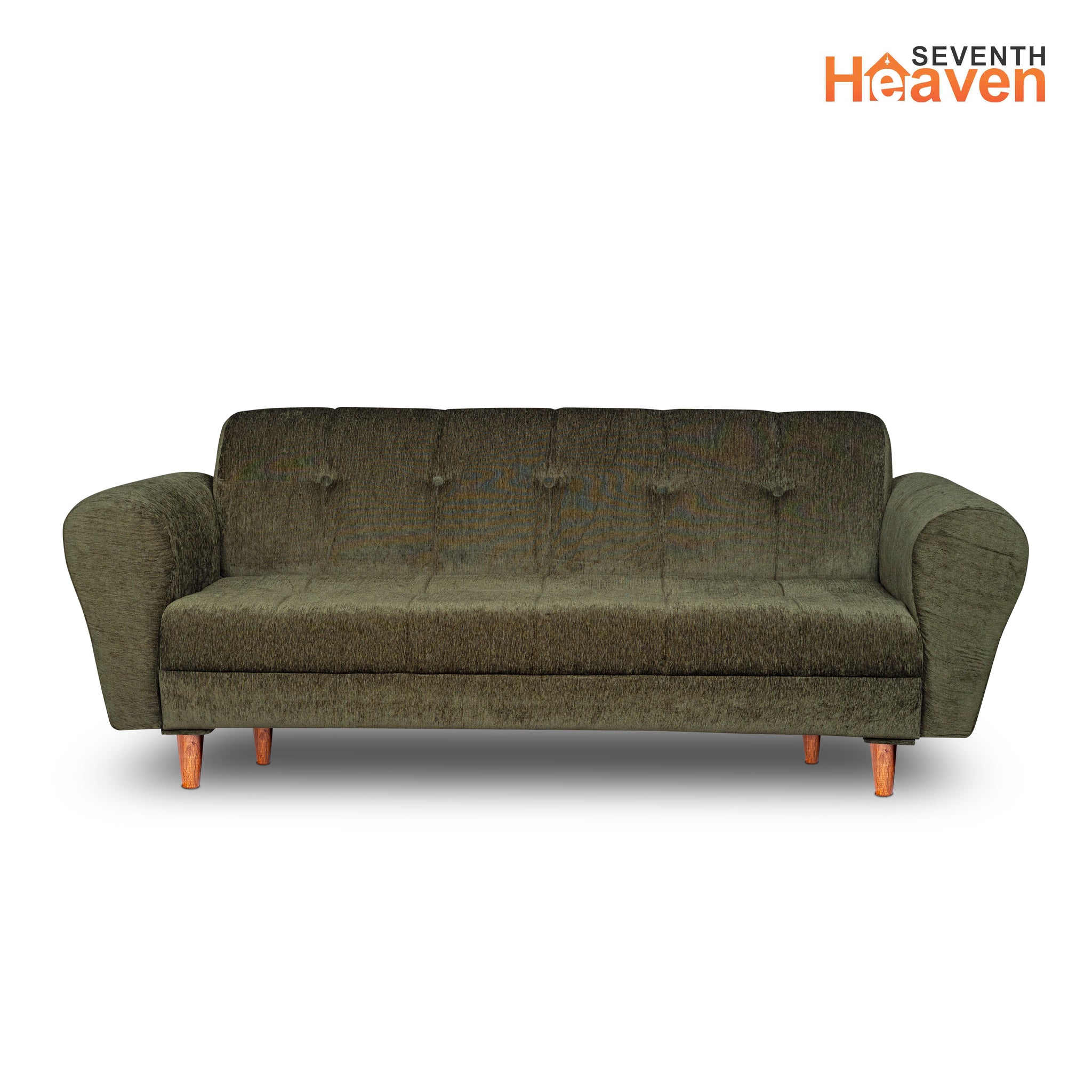 Seventh Heaven Milan 3 Seater Wooden Sofa Set Modern & Elegant Smart Furniture Range for luxurious homes, living rooms and offices. Green Colour Molphino fabric with sheesham polished wooden legs.