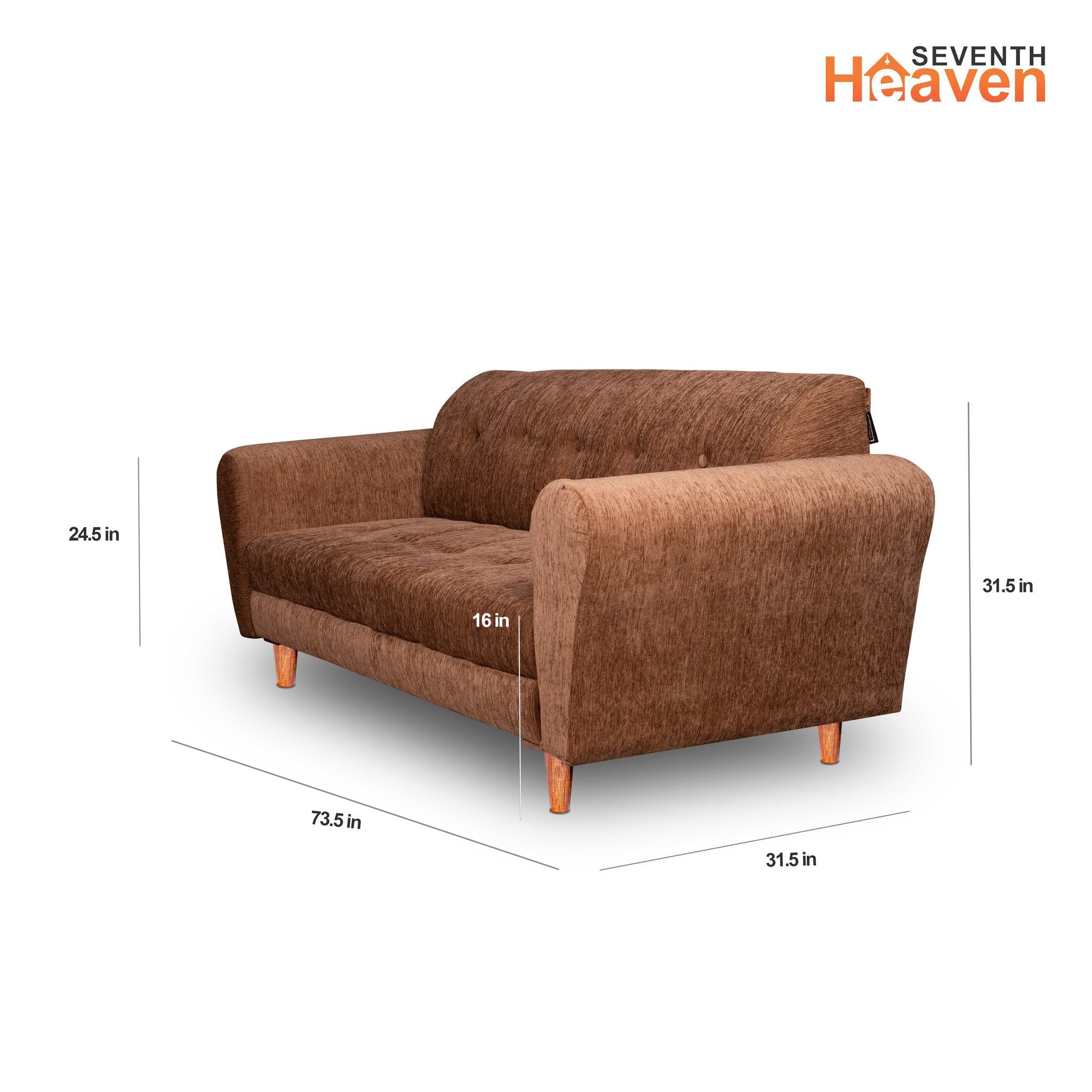 Seventh Heaven Milan 3 Seater Wooden Sofa Set Modern & Elegant Smart Furniture Range for luxurious homes, living rooms and offices. Beige Colour Molphino fabric with sheesham polished wooden legs. Product dimensions are also mentioned.