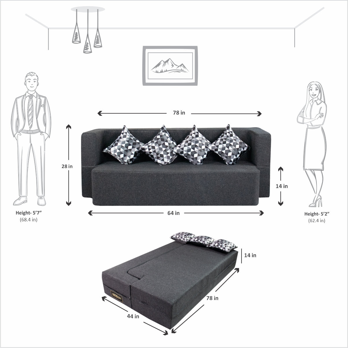 Dark Grey Jute Fabric (78"X44"X14") FlipperX Sofa Bed with Printed Cushion
