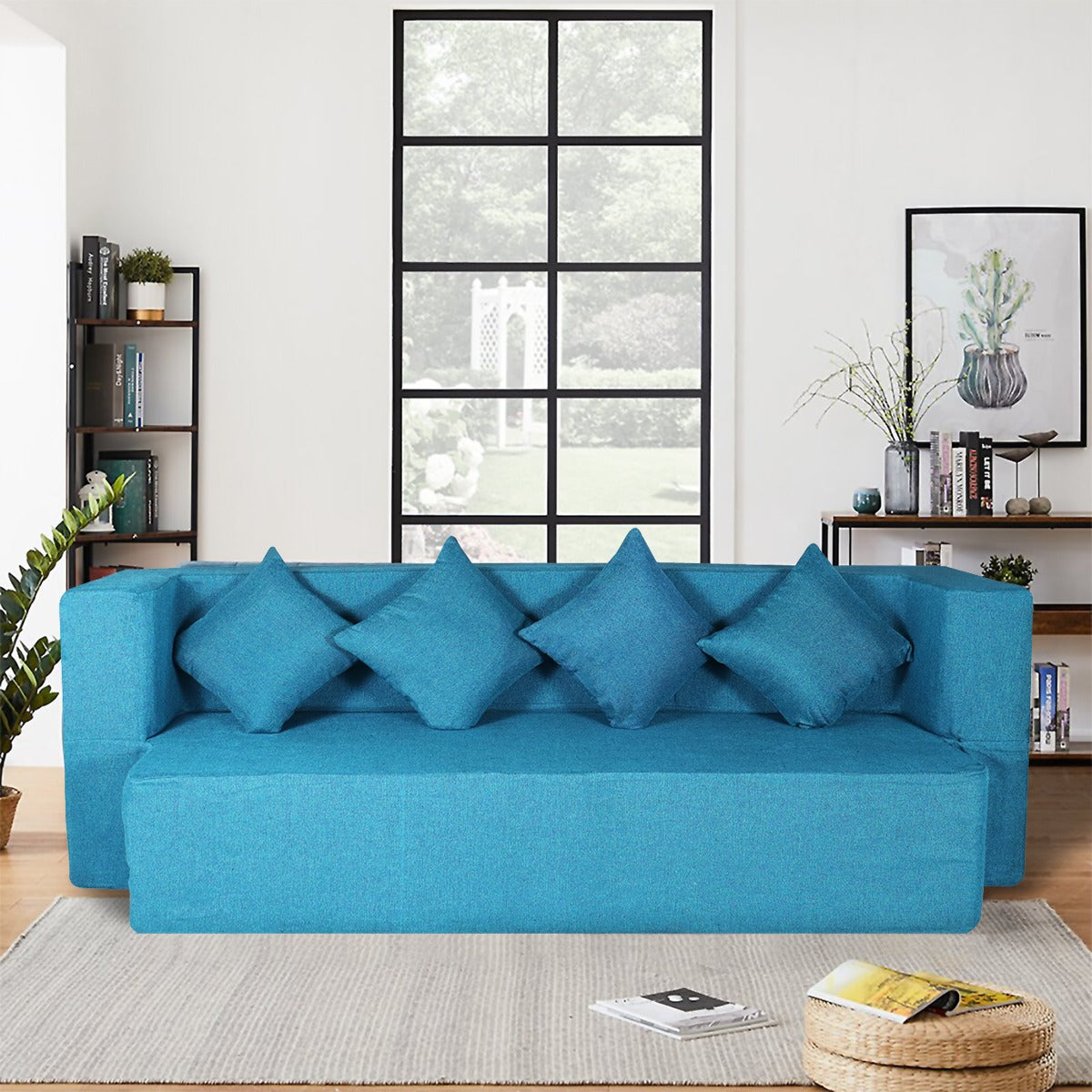Cover of Blue Jute Fabric (78"x36"x14") FlipperX Sofa cum Bed with 4 Plain Cushion Covers