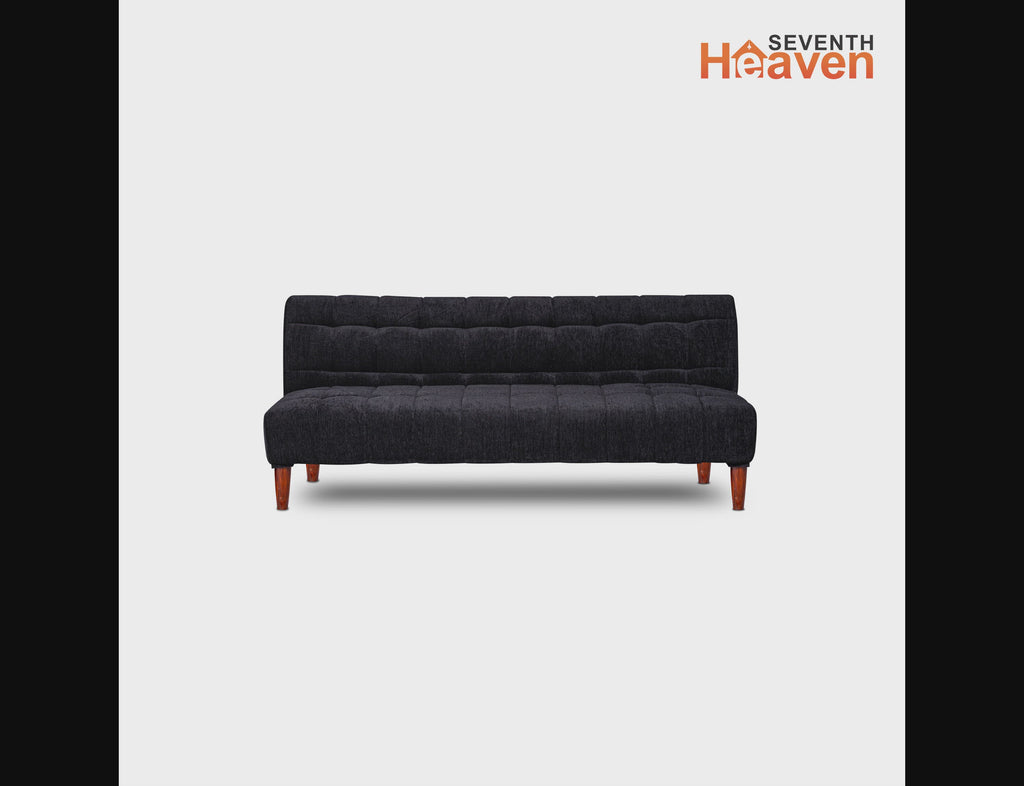 Seventh Heaven Florida Neo 4 Seater Wooden Sofa Cum Bed Modern & Elegant Smart Furniture Range for luxurious homes, living rooms and offices. Use as a sofa, lounger or bed. Perfect for guests. Molphino fabric with sheesham polished wooden legs. Black colour.