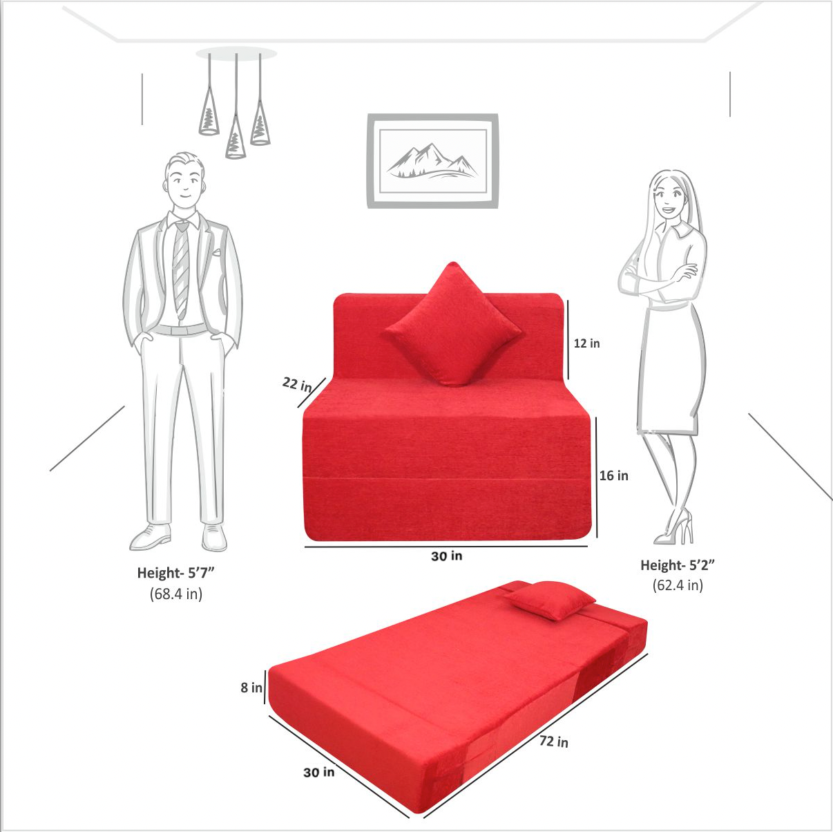 Red Molfino Fabric 6×2.5 Sofa cum Bed with 1 Cushion