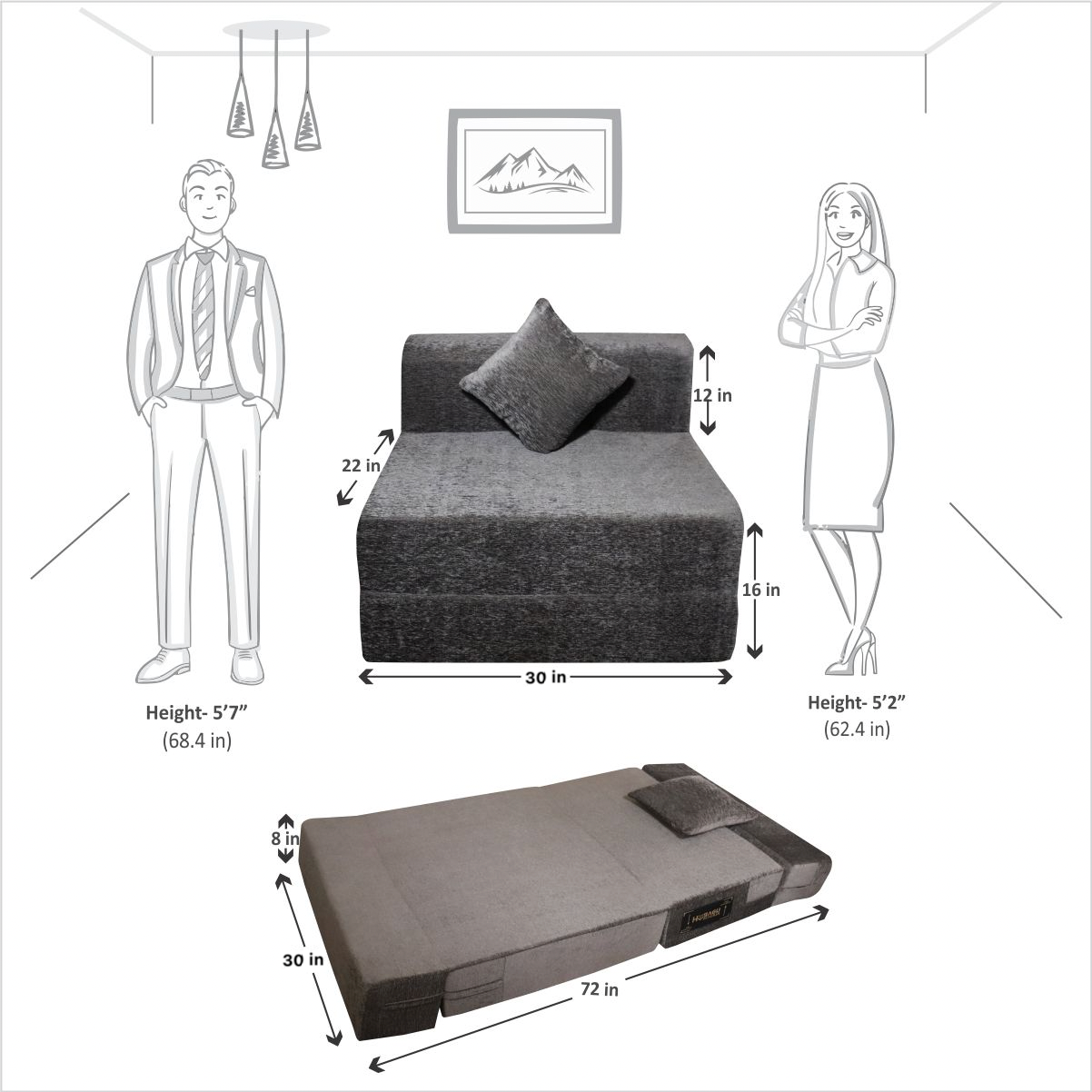 Grey Chenille Molfino Fabric 6×2.5 Sofa cum Bed with 1 Cushion