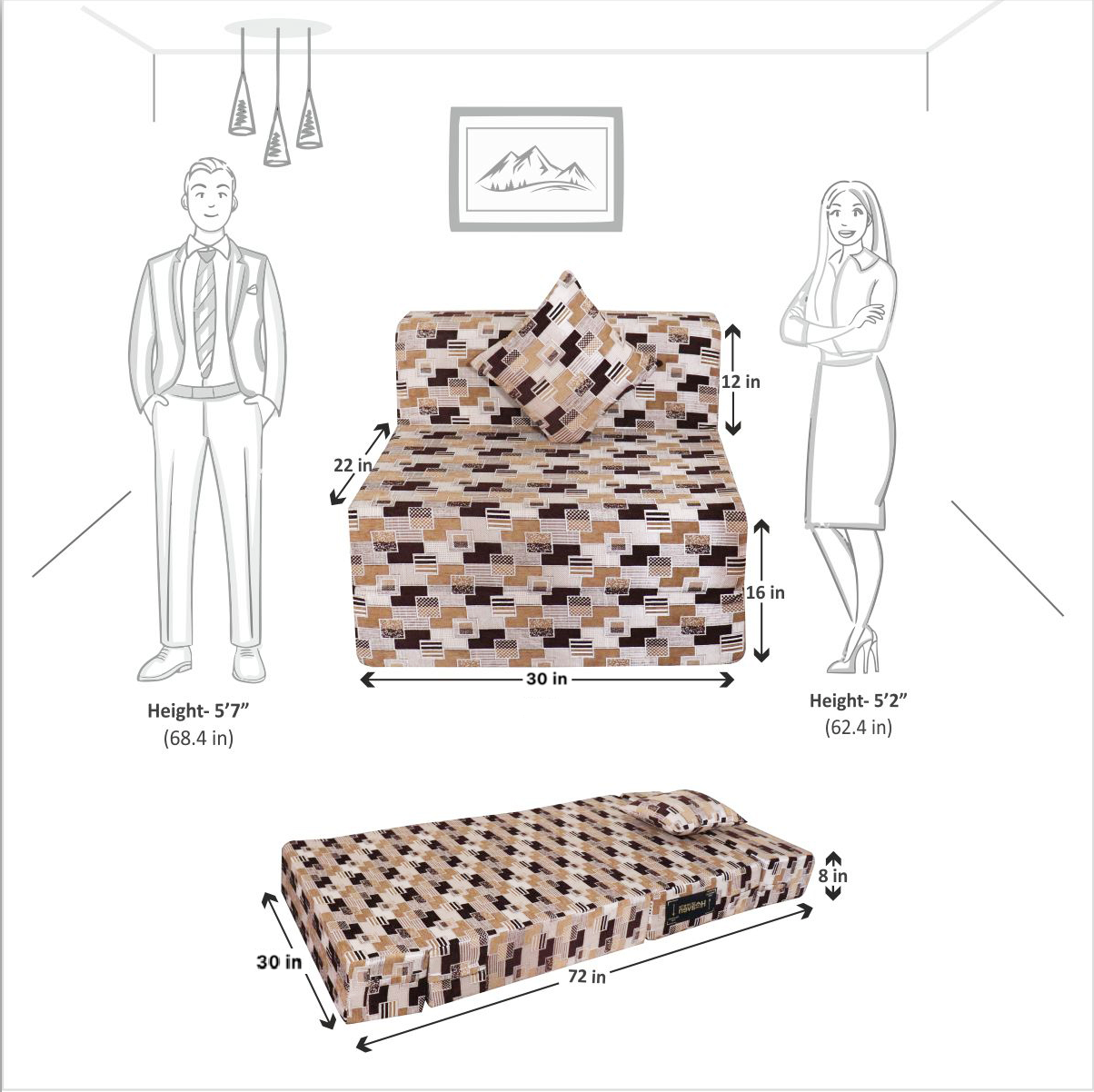 Brown & grey Chenille Molfino Fabric 6×2.5 Sofa cum Bed with 1 Cushion