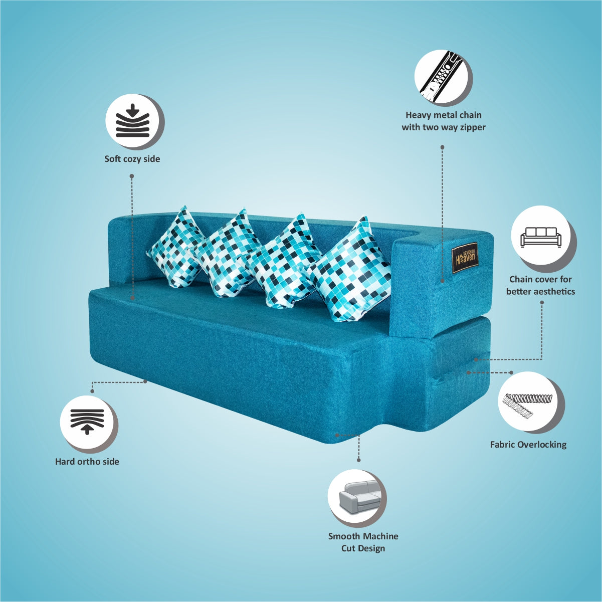 Sky Blue Jute Fabric (78"X44"X14") FlipperX Sofa Bed with Printed Cushion