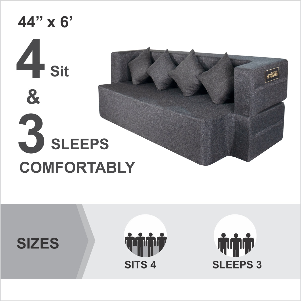 Dark Grey Black Jute Fabric (78"X44"X14") FlipperX Sofa Bed