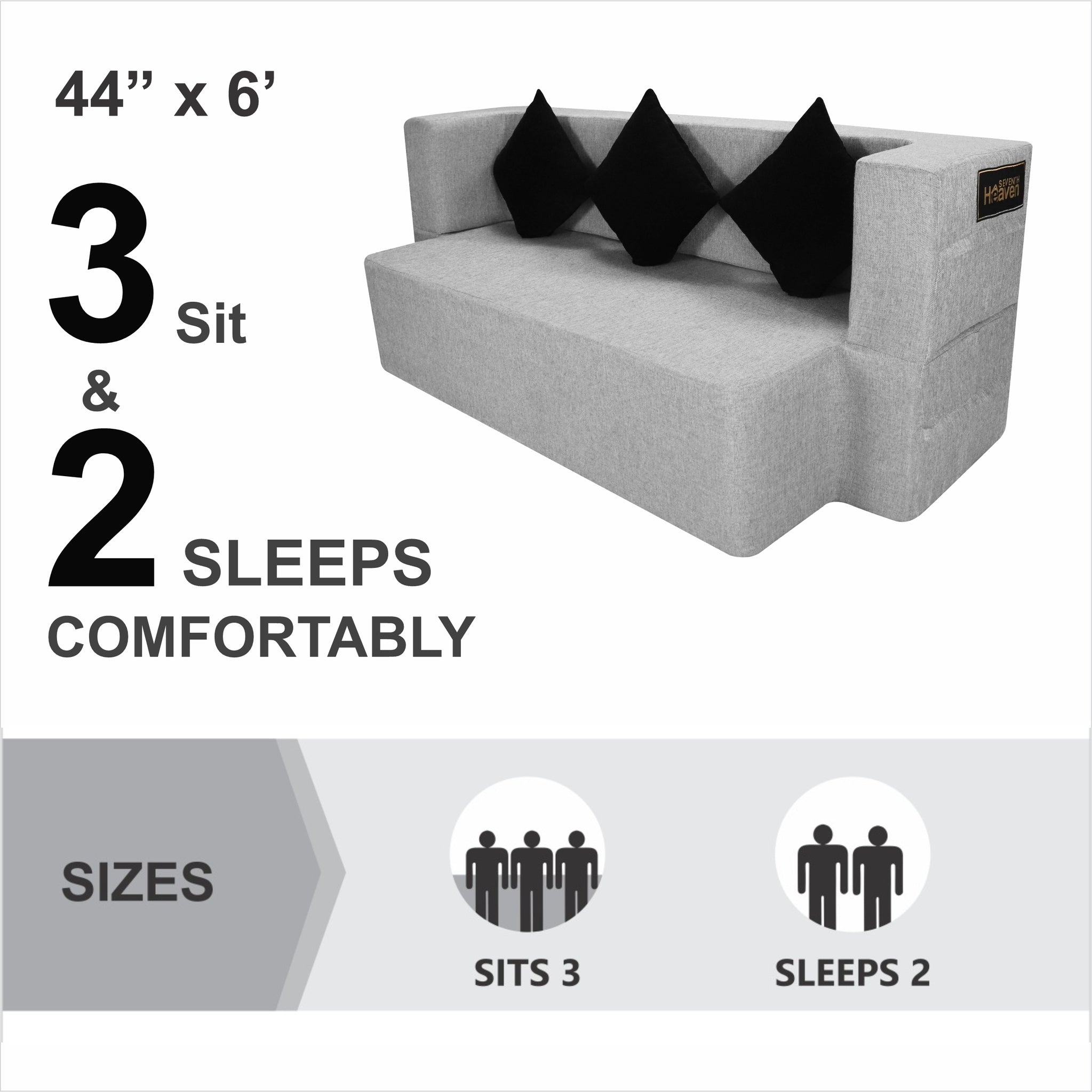 Light Grey Jute Fabric (72"x44'x10") FlipperX Sofa Bed with Black Cushions