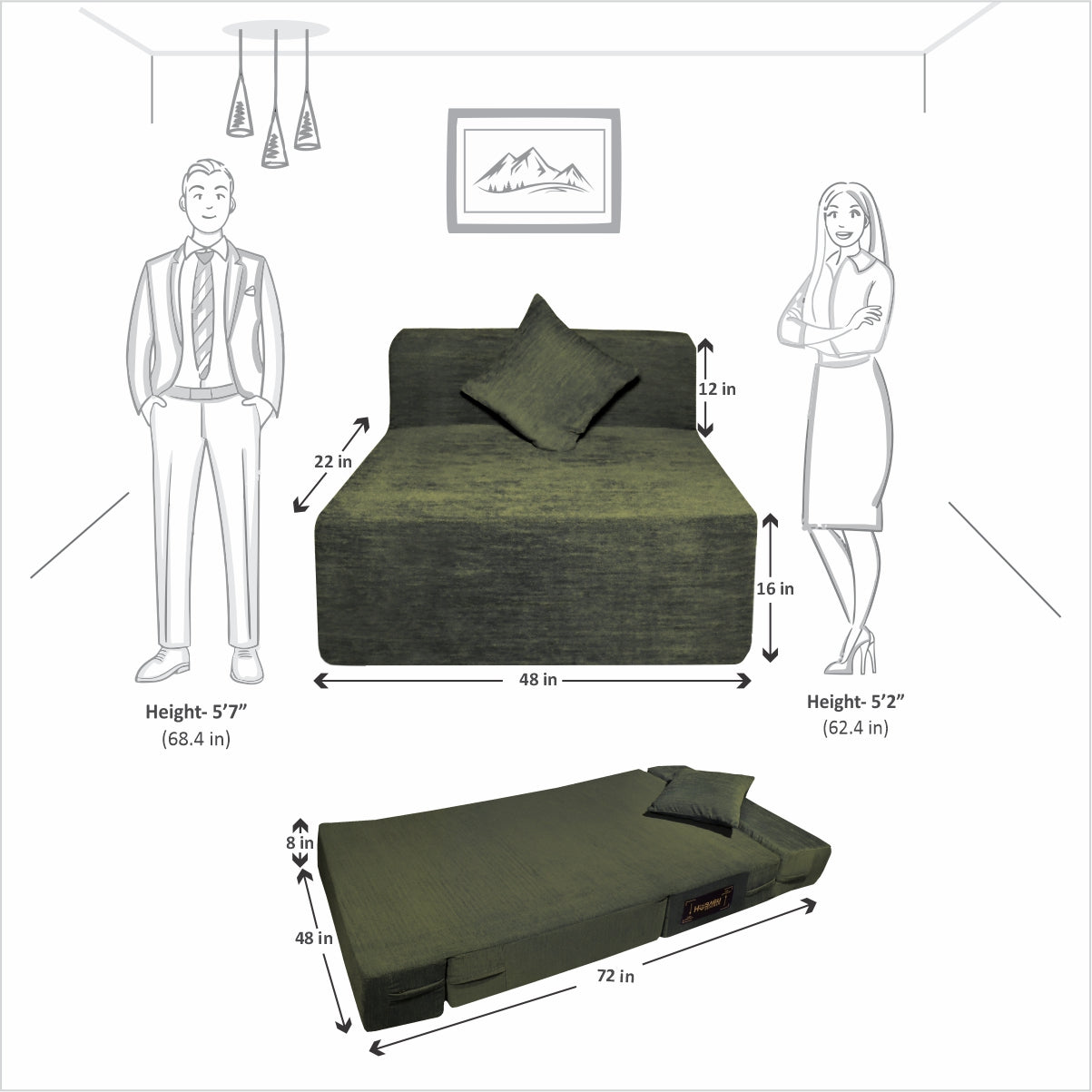 Emerald Green Chenille Molfino Fabric 6×3 Sofa cum Bed with 1 Cushion