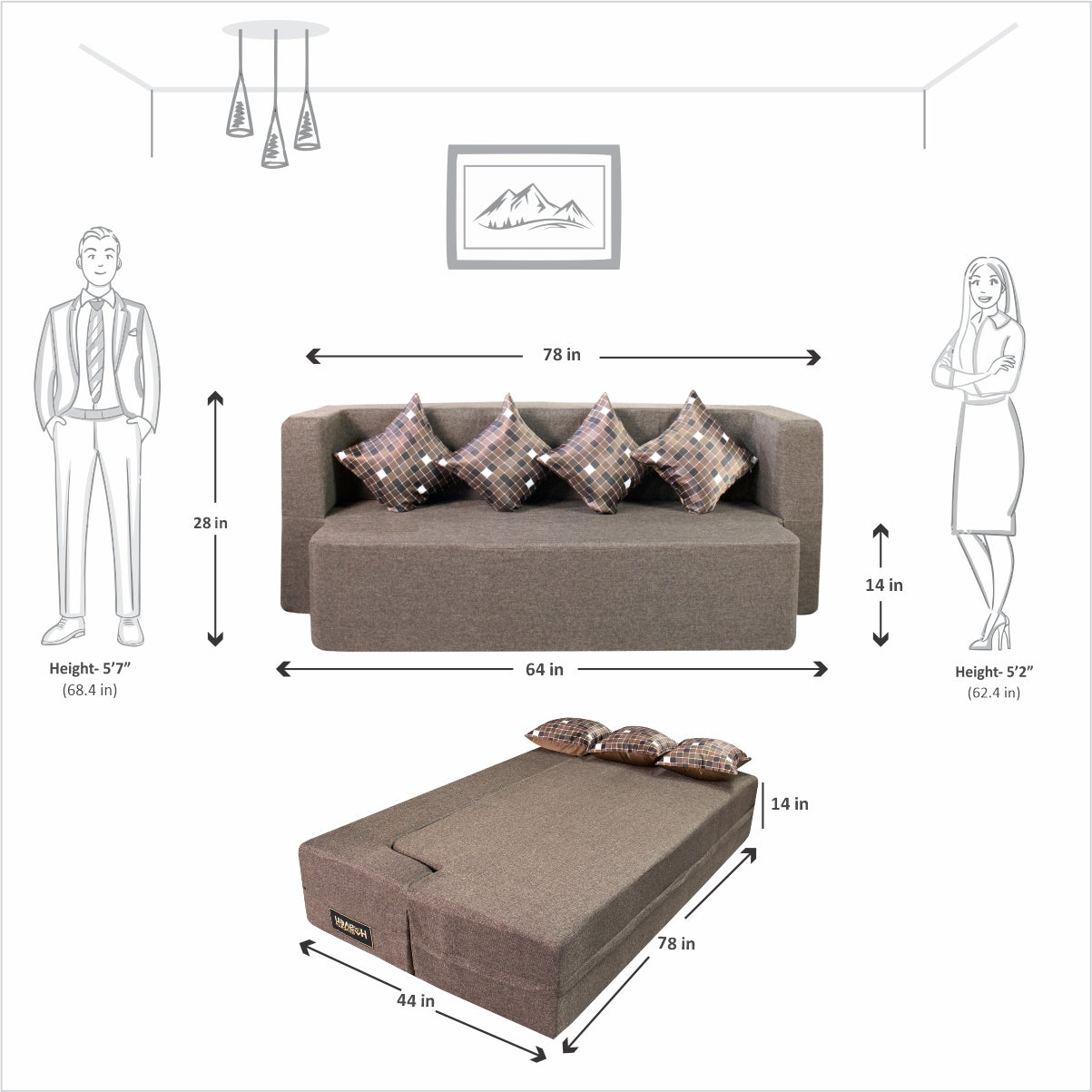Brown Jute Fabric (78"X44"X14") FlipperX Sofa Bed with Printed Cushion