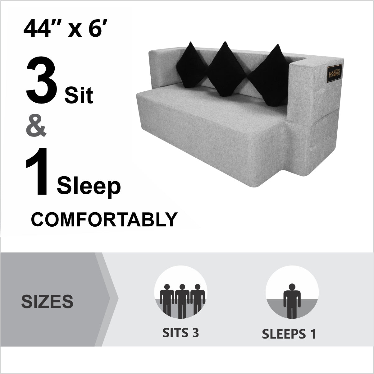 Light Grey Jute Fabric (72"X44"X14") FlipperX Sofa cum Bed With 3 Black Cushions
