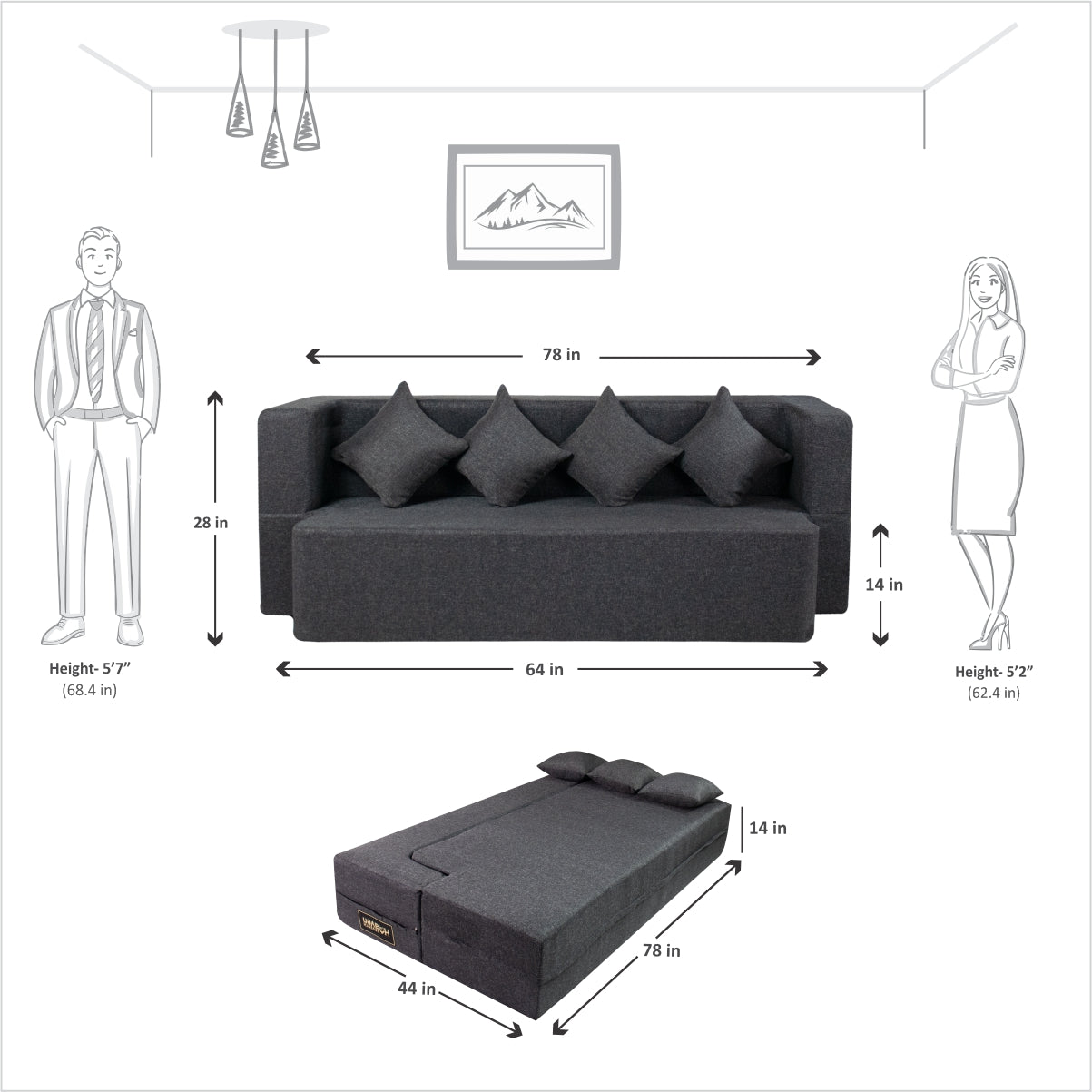 Dark Grey Black Jute Fabric (78"X44"X14") FlipperX Sofa Bed