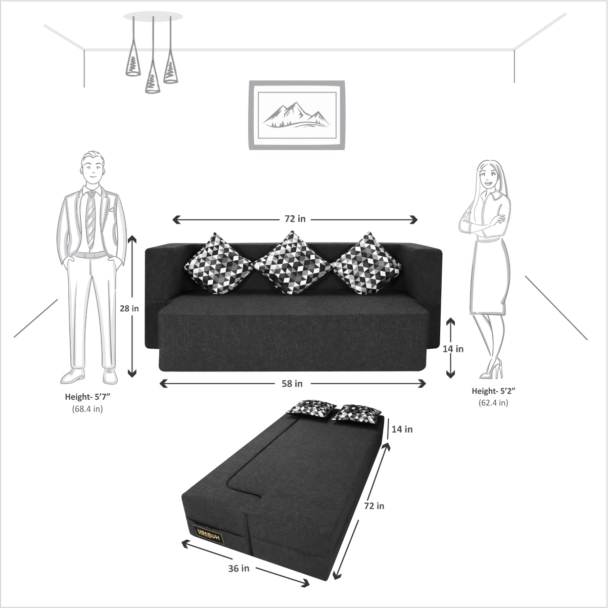Grey Jute Fabric (72"x36"x14") FlipperX Sofa Bed with Printed Cushion