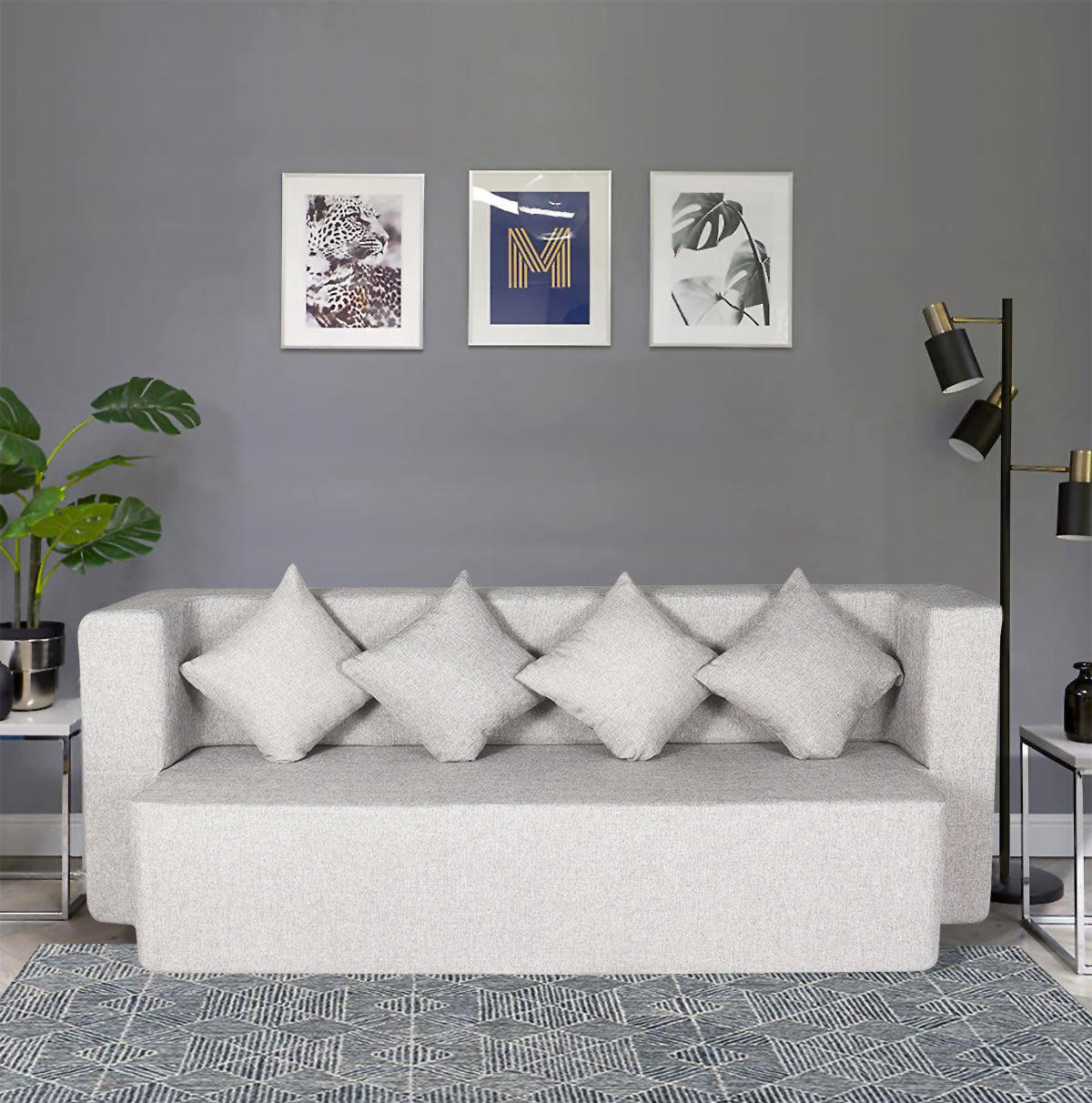 Cover of Light Grey Jute Fabric (78"x36"x14") FlipperX Sofa cum Bed with 4 Plain Cushion Covers