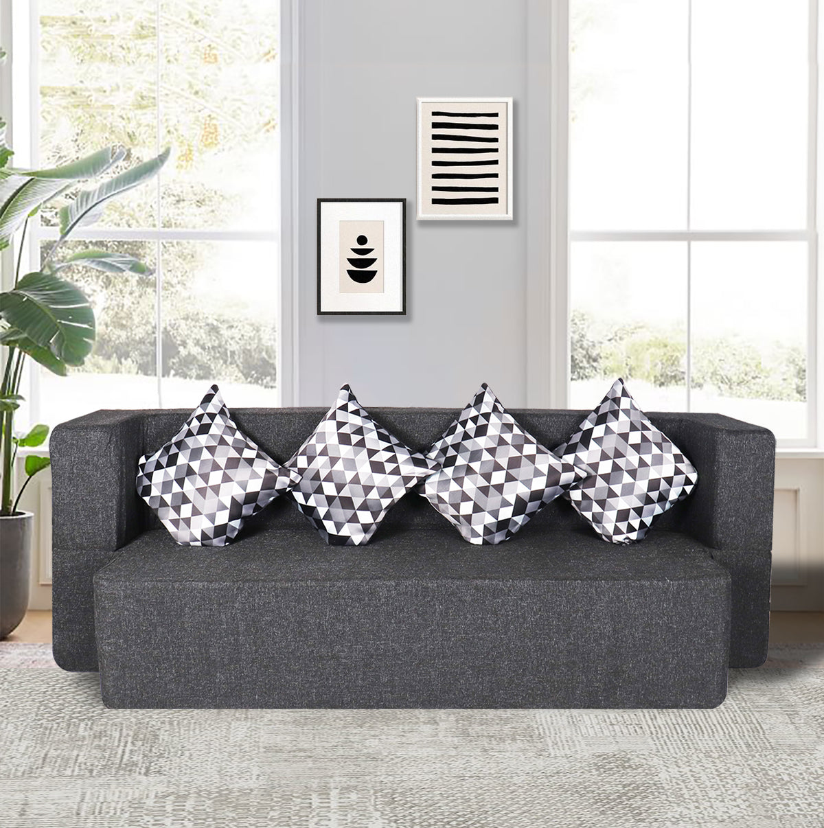 Grey Jute Fabric (78"x36"x14") FlipperX Sofa cum Bed with 4 Printed Cushions