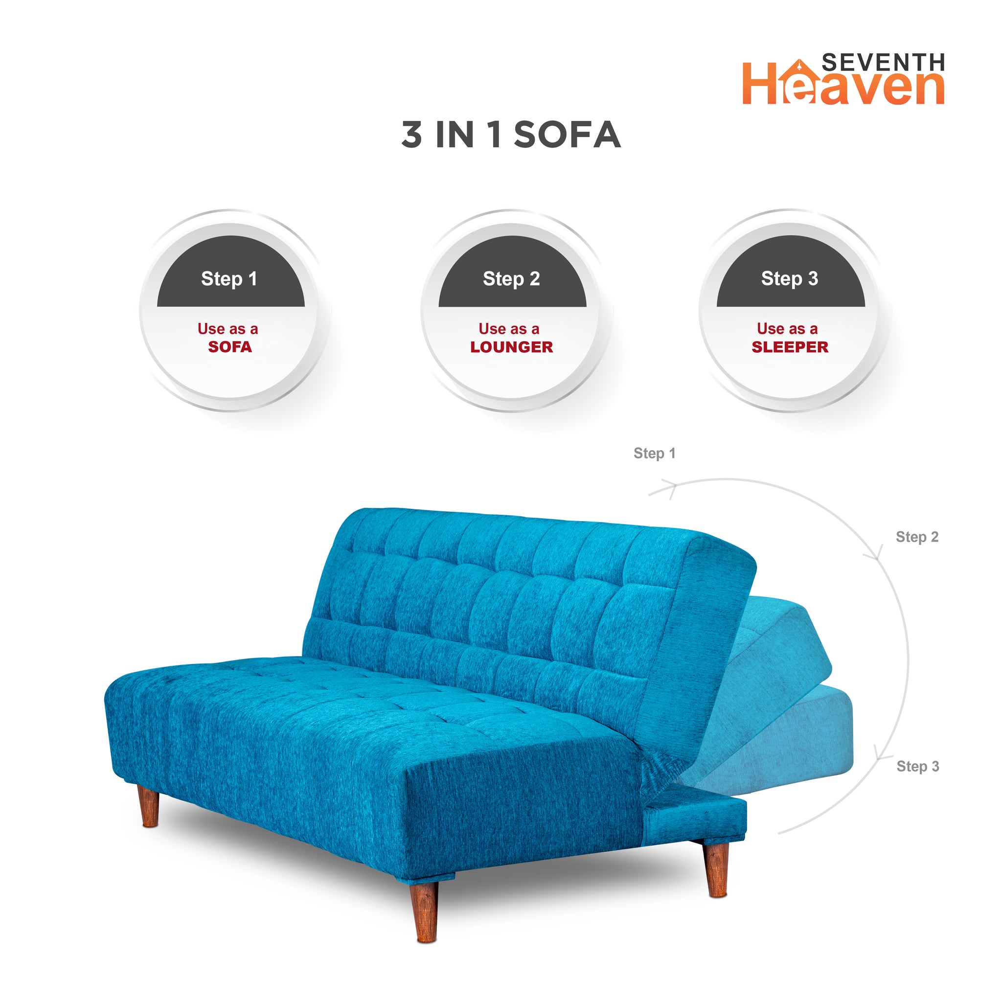 Seventh Heaven Florida 4 Seater Wooden Sofa Cum Bed. Modern & Elegant Smart Furniture Range for luxurious homes, living rooms and offices. Use as a sofa, lounger or bed. Perfect for guests. Molphino fabric with sheesham polished wooden legs. Sky Blue colour.