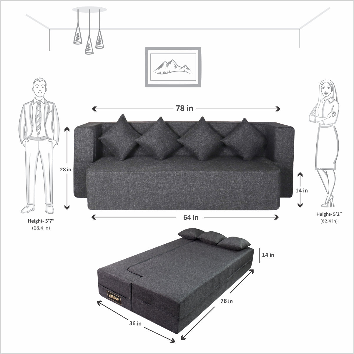 Grey Jute Fabric (78"x36"x14") FlipperX Sofa cum Bed with 4 Same Cushions