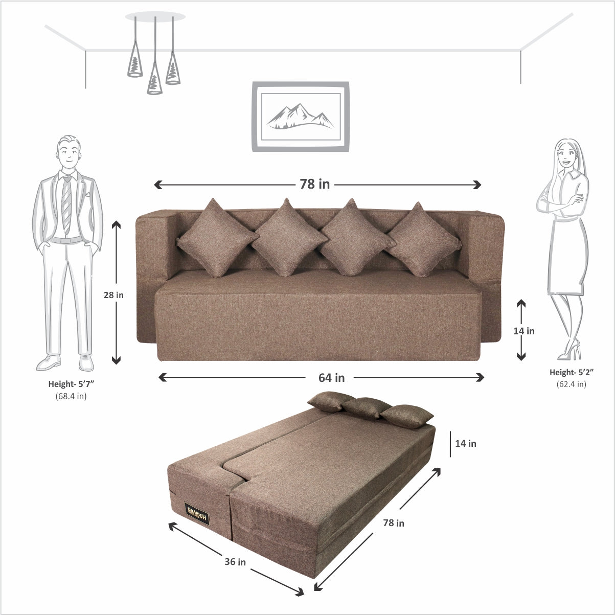 Cover of Brown Jute Fabric (78"x36"x14") FlipperX Sofa cum Bed with 4 Plain Cushion Covers