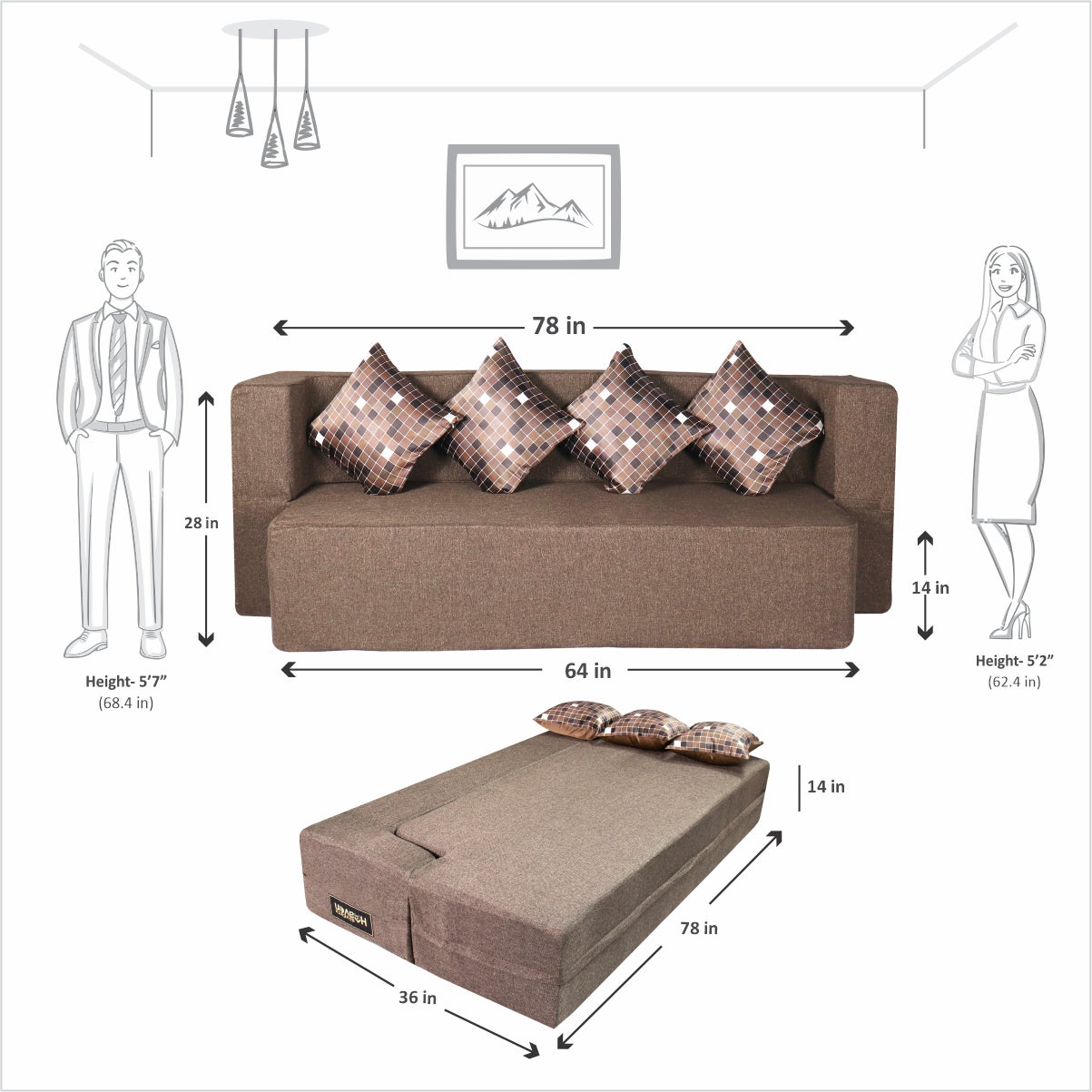 Cover of Brown Jute Fabric (78"x36"x14") FlipperX Sofa cum Bed with 4 Printed Cushion Covers
