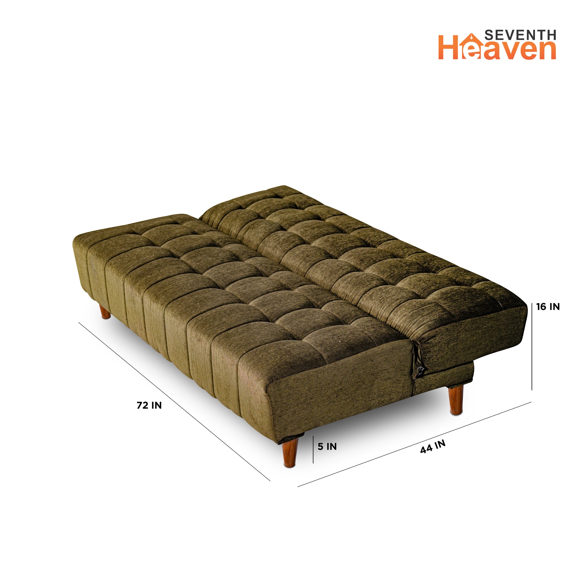 Seventh Heaven Florida 4 Seater Wooden Sofa Cum Bed. Modern & Elegant Smart Furniture Range for luxurious homes, living rooms and offices. Use as a sofa, lounger or bed. Perfect for guests. Molphino fabric with sheesham polished wooden legs. Green colour.