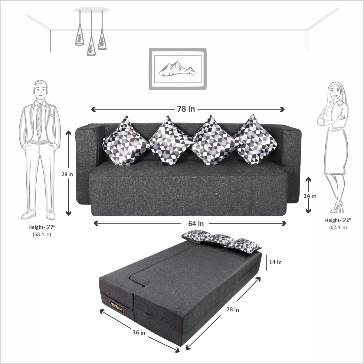 Grey Jute Fabric (78"x36"x14") FlipperX Sofa cum Bed with 4 Printed Cushions